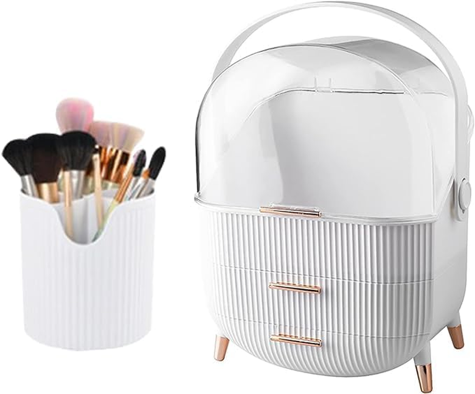 Makeup Storage Organizer,Clear Cover Cosmetic Display Case with Two Tier Storage Box and Brush Storage Box, Skincare Organizers for Bathroom Countertop,Bedroom Vanity Desk and Travel, White&hellip; image number 3