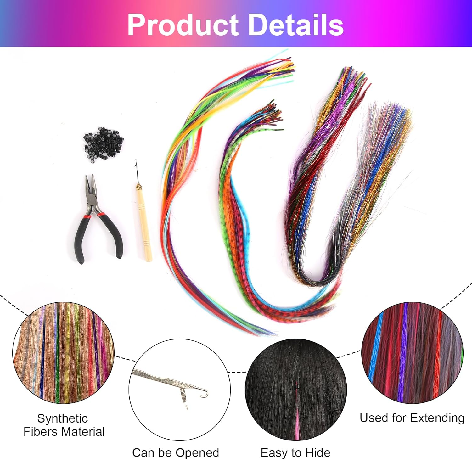 60 Piece Colourful Hair Extensions Set, Art Hair Extensions, Colourful Hair Strands, Children'S Glitter Hair Strands, Hairpiece, Pliers, Hook with 100 Beads, Ponytail Braids, Clip image number 2
