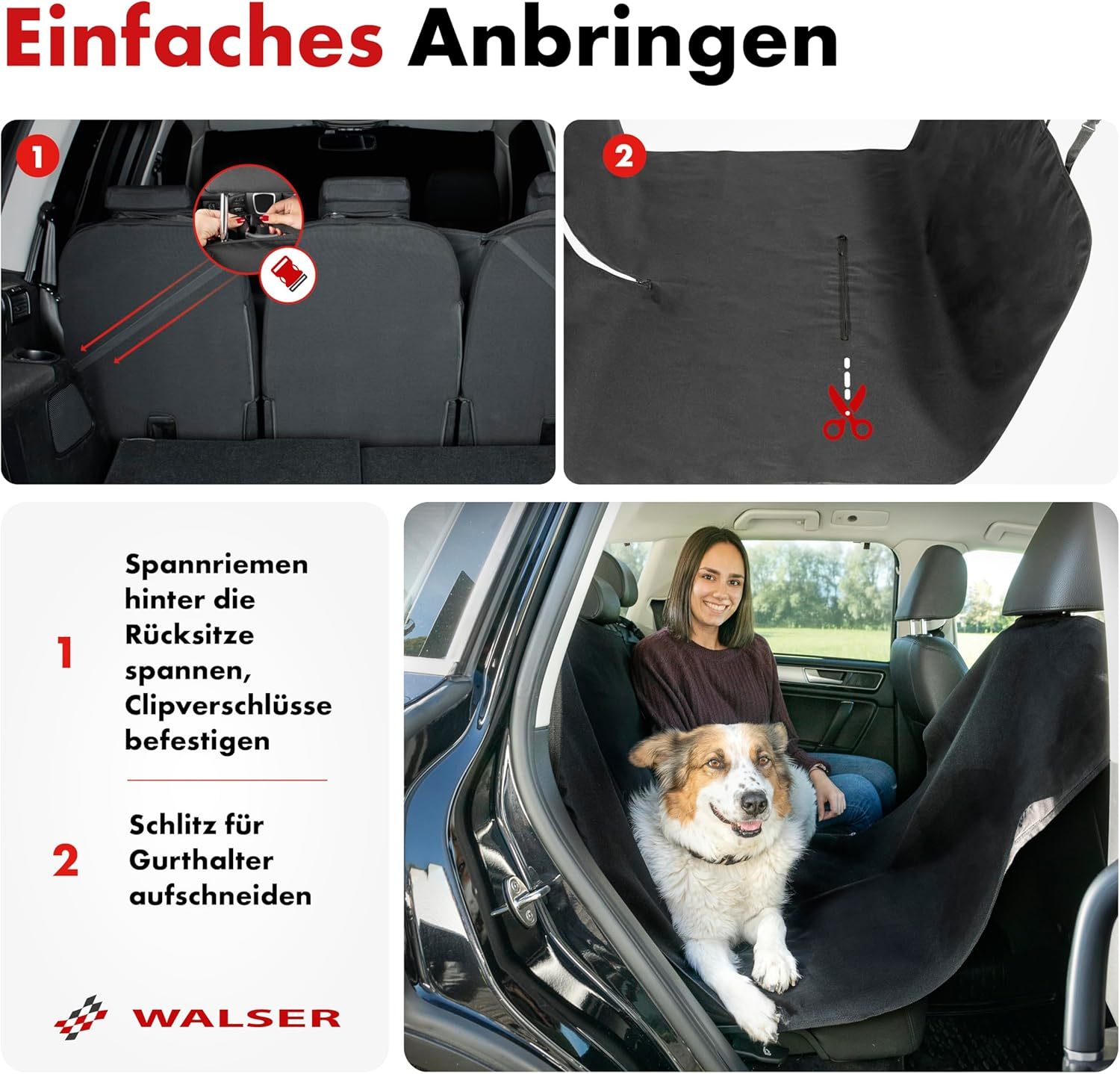 Walser Universal Car Dog Blanket Back Seat, Nero, Polyester with Coating, Protects Car Interior from Dirt, Scratches & Dog Hair, Fits Many Standard Vehicles, Easy to Install & Clean, Black
