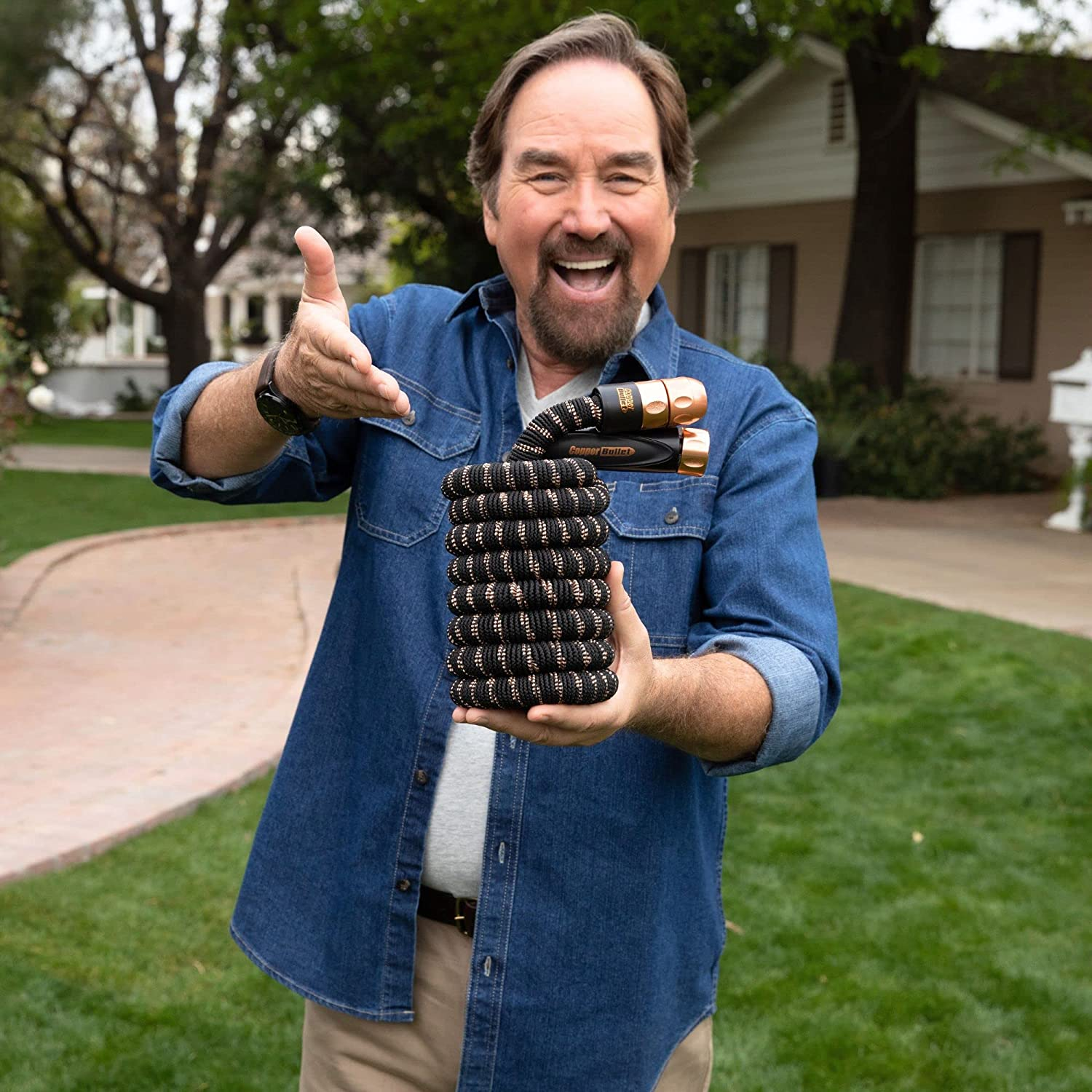 Pocket Hose Bullet Expanding Garden Hose W/Copper, AS-SEEN-ON-TV, Lead, Larger Connectors, 3X Stronger Fabric, 3 Layers of Latex Tubing, Kink-Free, Leak-Proof, Bonus Spray Nozzle, 25-FT, Black image number 1