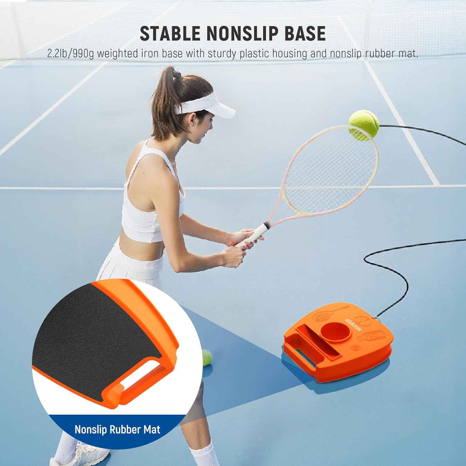 NEEWER Portable Solo Tennis Trainer Rebound Ball Set with Nonslip Weighted Iron Base, Racket Holder, 3X Elastic String Tennis Ball, Self Practice Rebounder for Adults, Kids & Beginners, TB01T image number 3