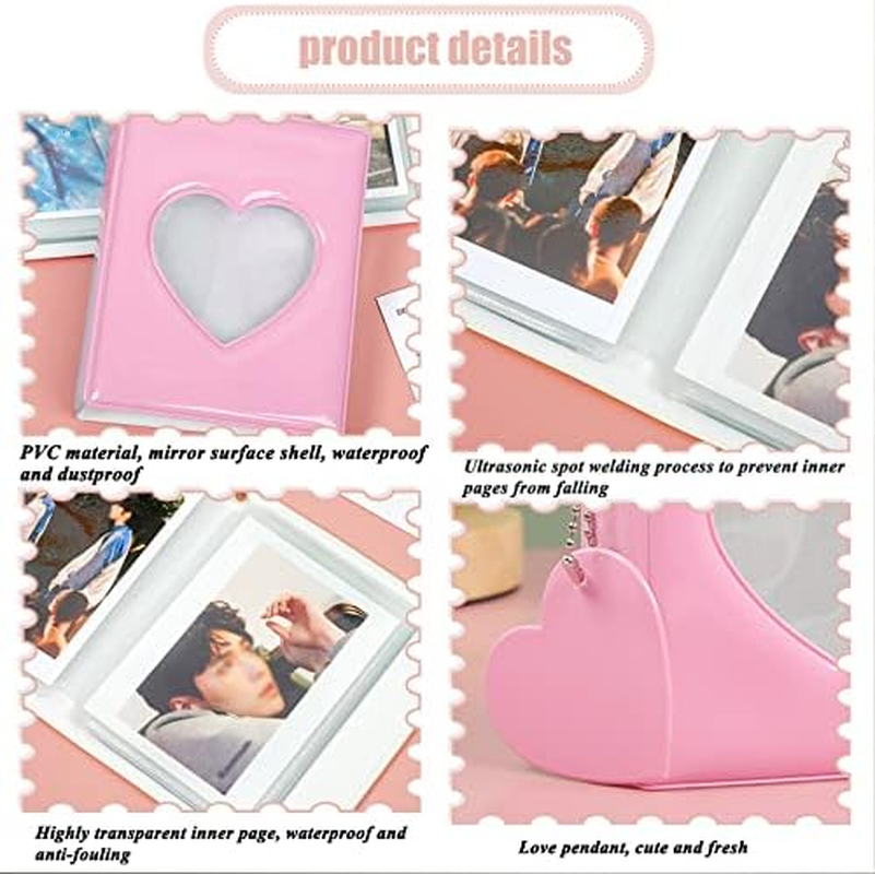 3 Inch Kpop Photocard Holder Book Mini Photo Album Mirror-Like Photocard Binder Small Photo Card Book Love Heart Hollow Photocard ID Holder with Love Heart Pendant 32 Pockets (Pink) image number 5