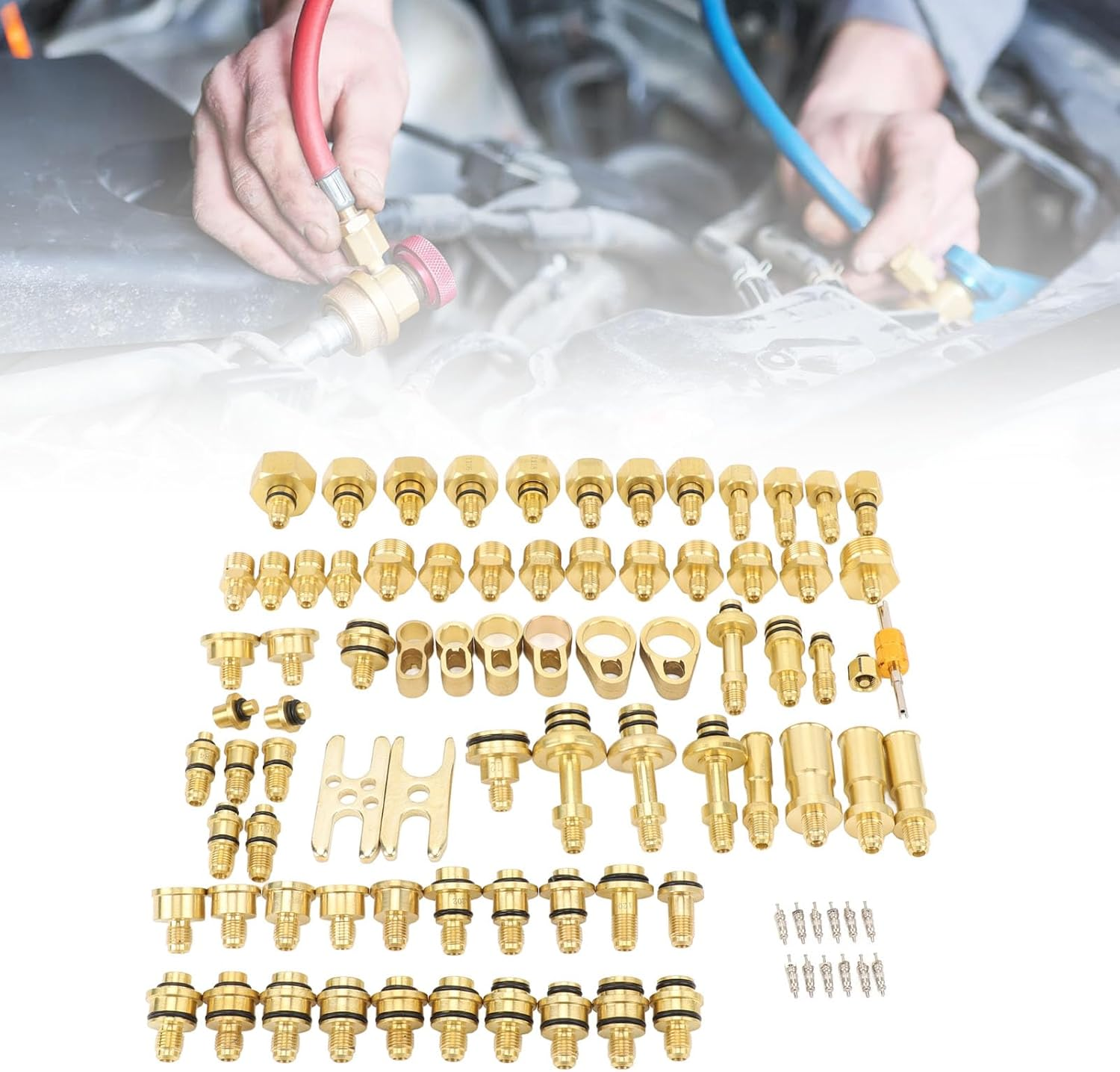 77Pcs Automotive Air Conditioning Test Kit, Brass AC Detection Tools Repair Kit for Car Truck Auto AC Compressor image number 4