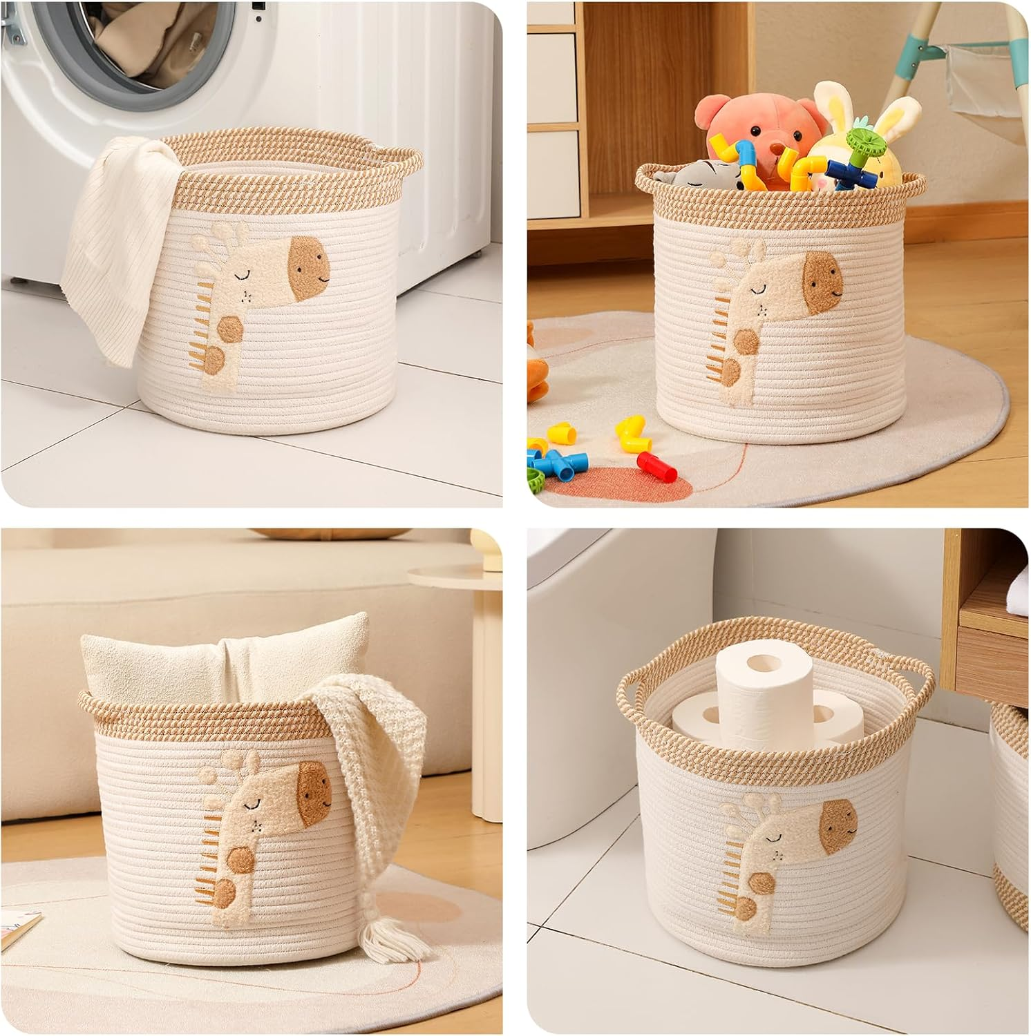 Inough Toy Storage Baskets Woven Cotton Rope Storage Basket for Kids, Blanket Baskets for Living Room Toys Organizer with Embroidery Decor, Cute Baskets with Handle for Nursery, Playroom (Giraffe) image number 4