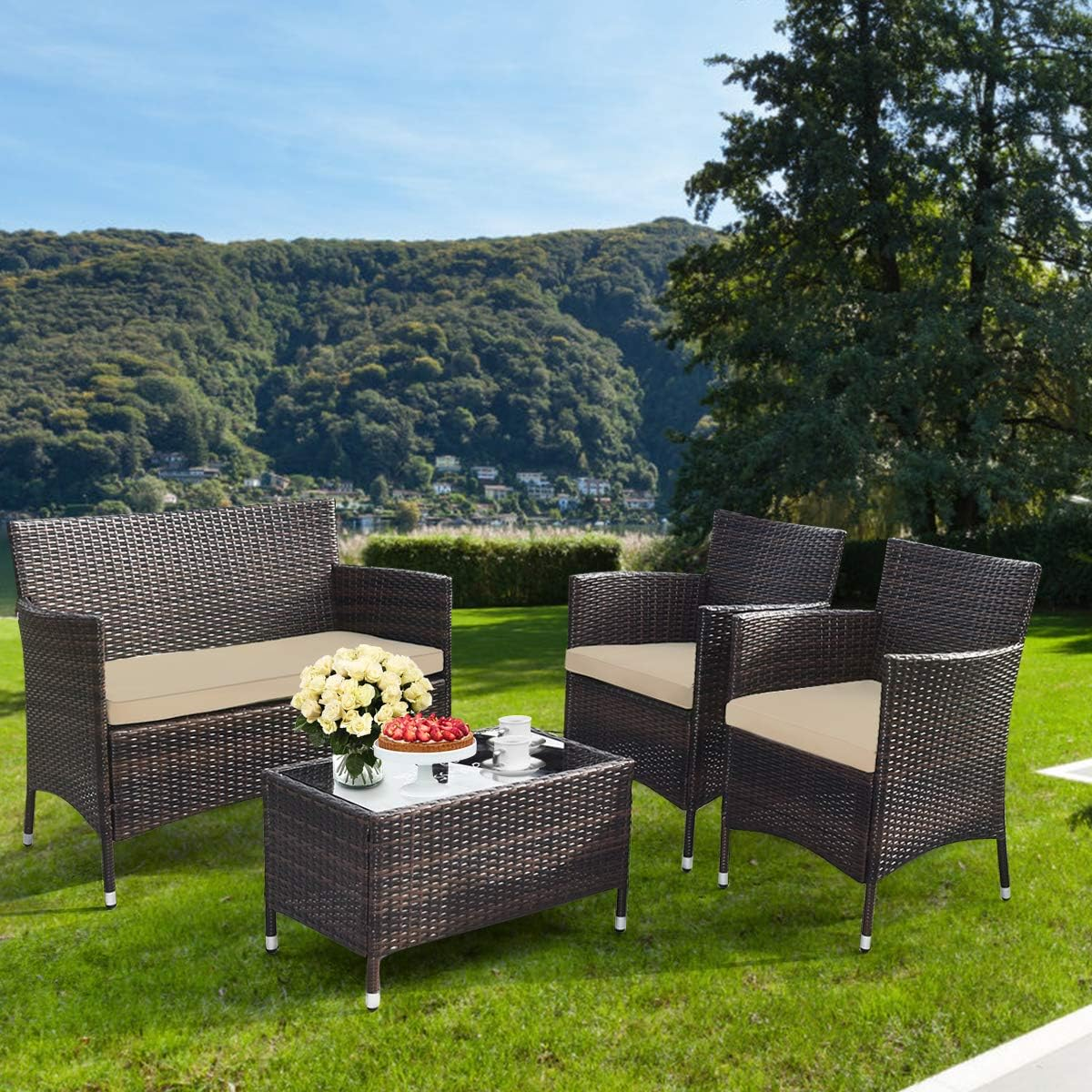 Costway 4 Pieces Outdoor Patio Furniture Set, PE Rattan Wicker Conversation Set with Tempered Glass Coffee Table and Cushions, Outdoor Sectional Sofa Set for Garden, Poolside and Backyard image number 2