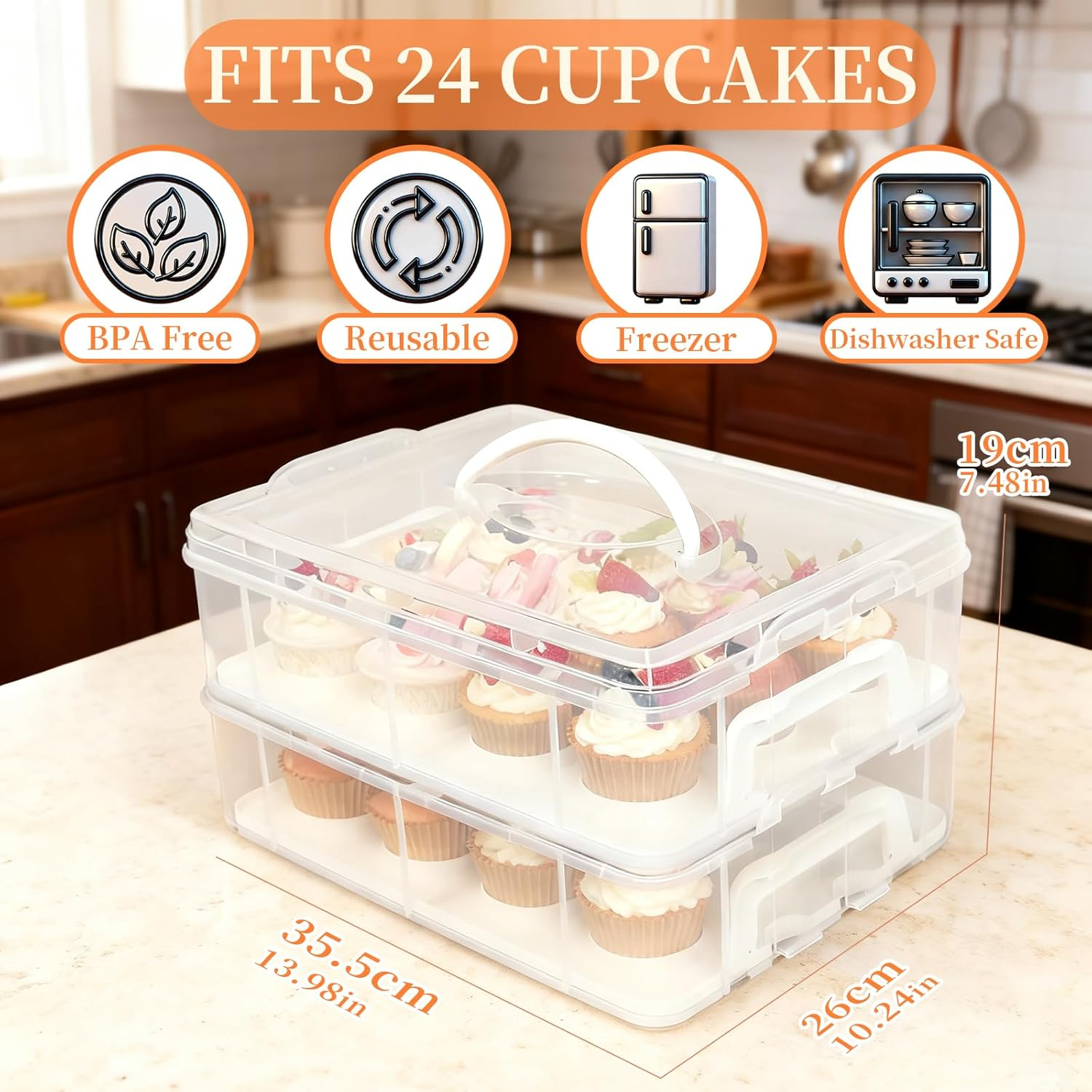 NNAKLLI Plastic Cupcake Carrier, Stackable Cupcake Holder Carries with Lid & Handles, Fruits, Cookie, Cake, Cupcake and Brownie Storage Carrier, Reusable Cupcake Boxes (Transparent, 24 Holders) image number 1