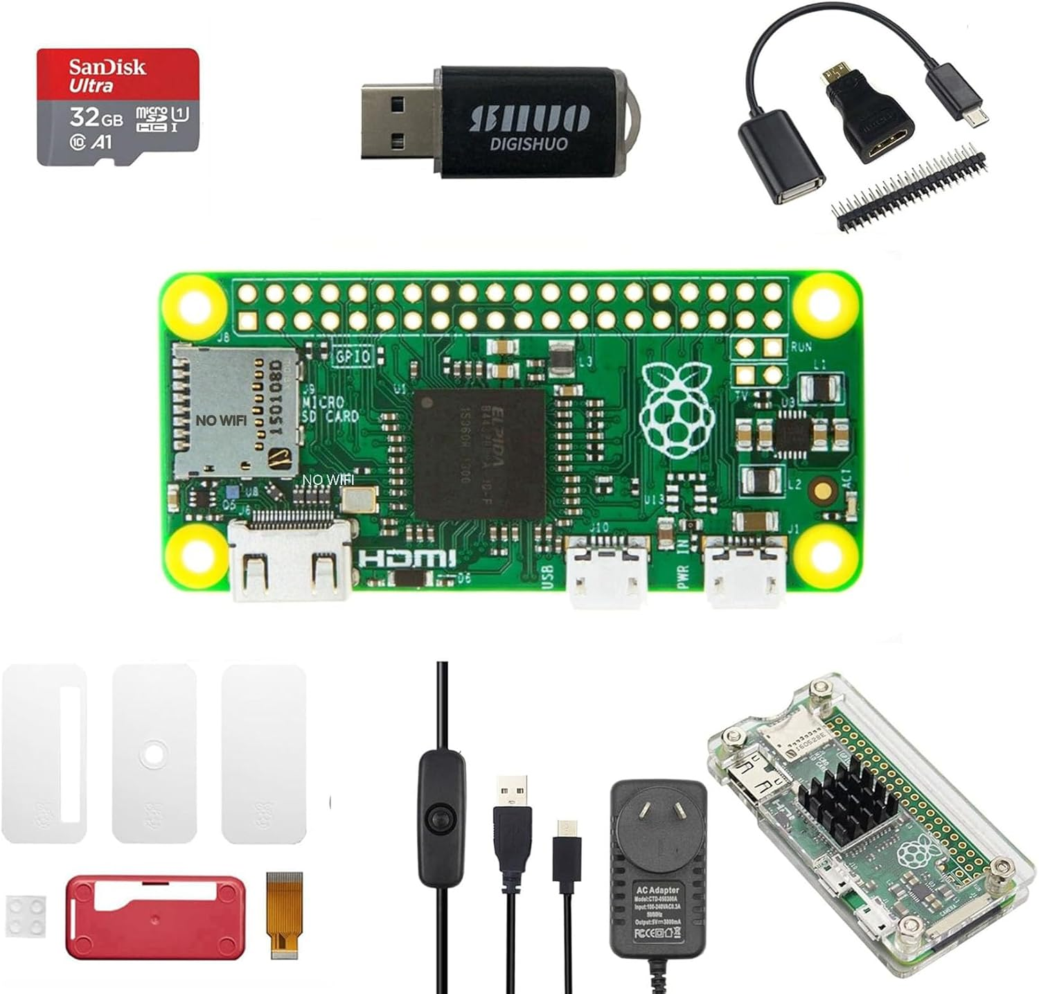 DIGISHUO Raspberry Pi Zero[Without Wifi] Module Kit 8 in 1 Kit | 1Ghz 512M Wtih Two Case | 32G Sandisk Card | Mini HDMI | Micro USB | GPIO Header | AU Plug 5V 3A Power Supply[No Wifi Version] image number 3