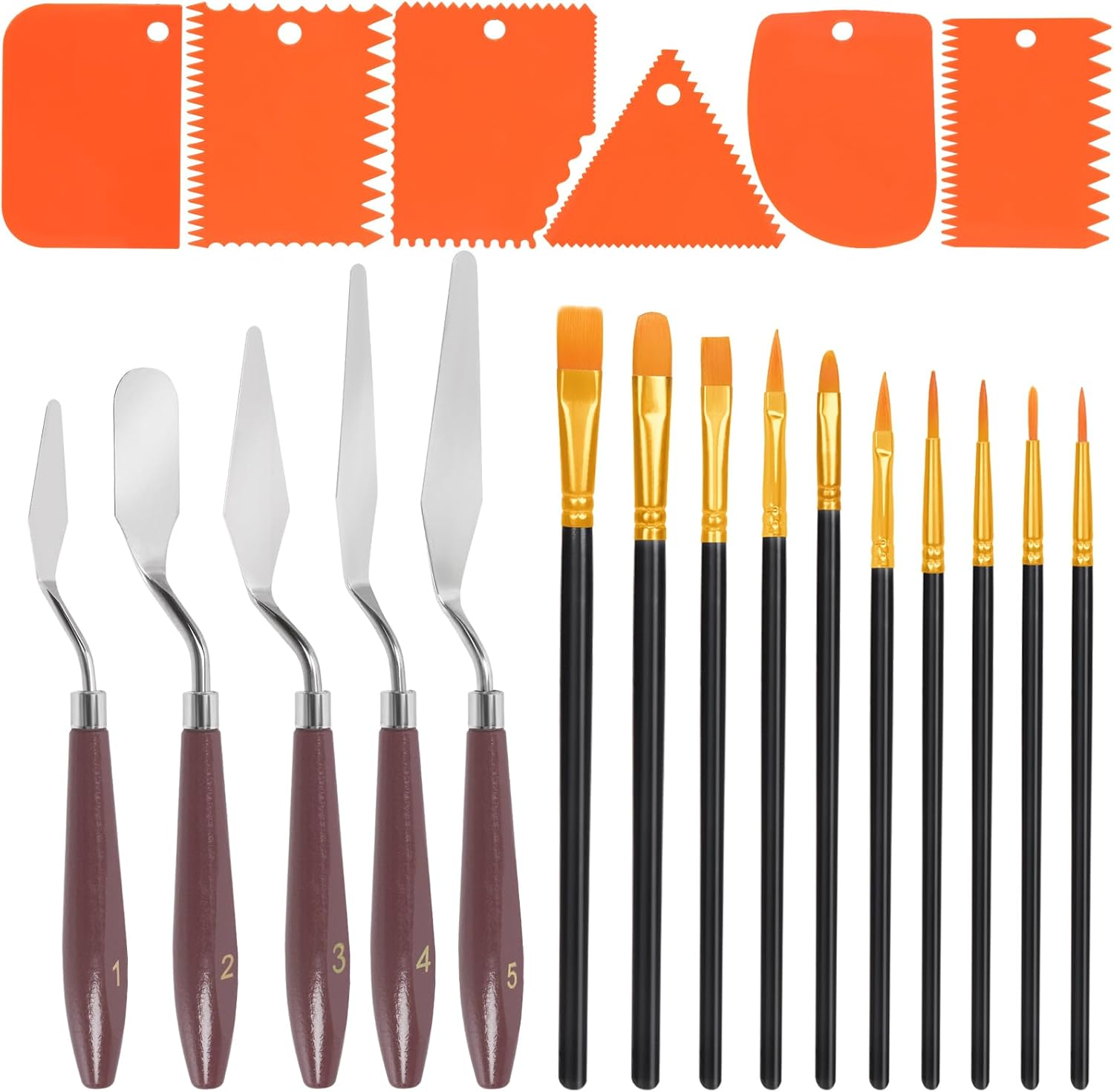 Rustark 21Pcs Purple Palette Knife Paint Scraper Set Includes 5Pcs Stainless Steel Palette Knives with 6Pcs Plastic Scrapers 10Pcs Hair and Bristle Brush Spatula Drawing Tool for Art Craft Painting