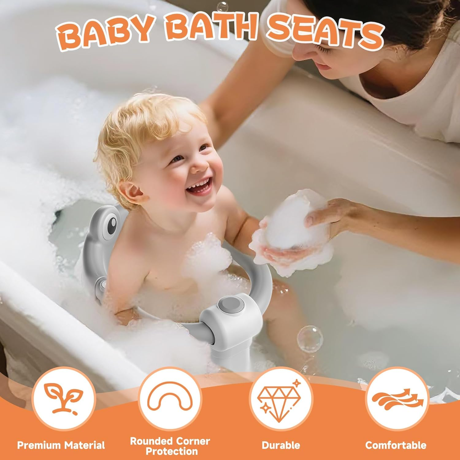 Baby Bath Seat with Safety Handle, Frog Design, 4 Anti-Slip Suction Cups, Ergonomic Support, for Babies 6-18 Months, Grey image number 1