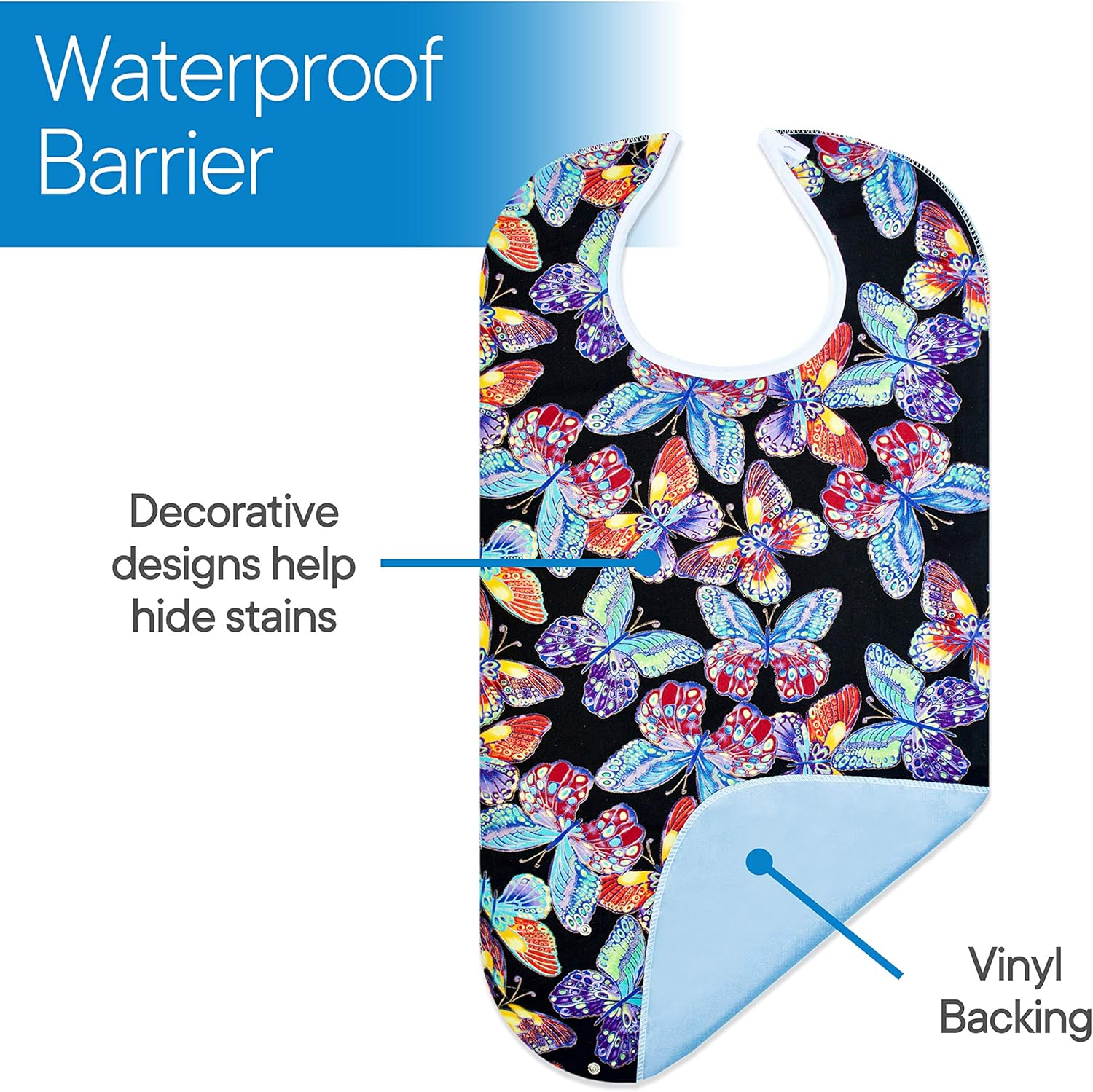 RMS 3 Pack Adult Bib Washable Reusable Waterproof Clothing Protector with Optional Crumb Catcher and Vinyl Backing 34"X18" (Butterfly/Blue Rose/Heritage) image number 4