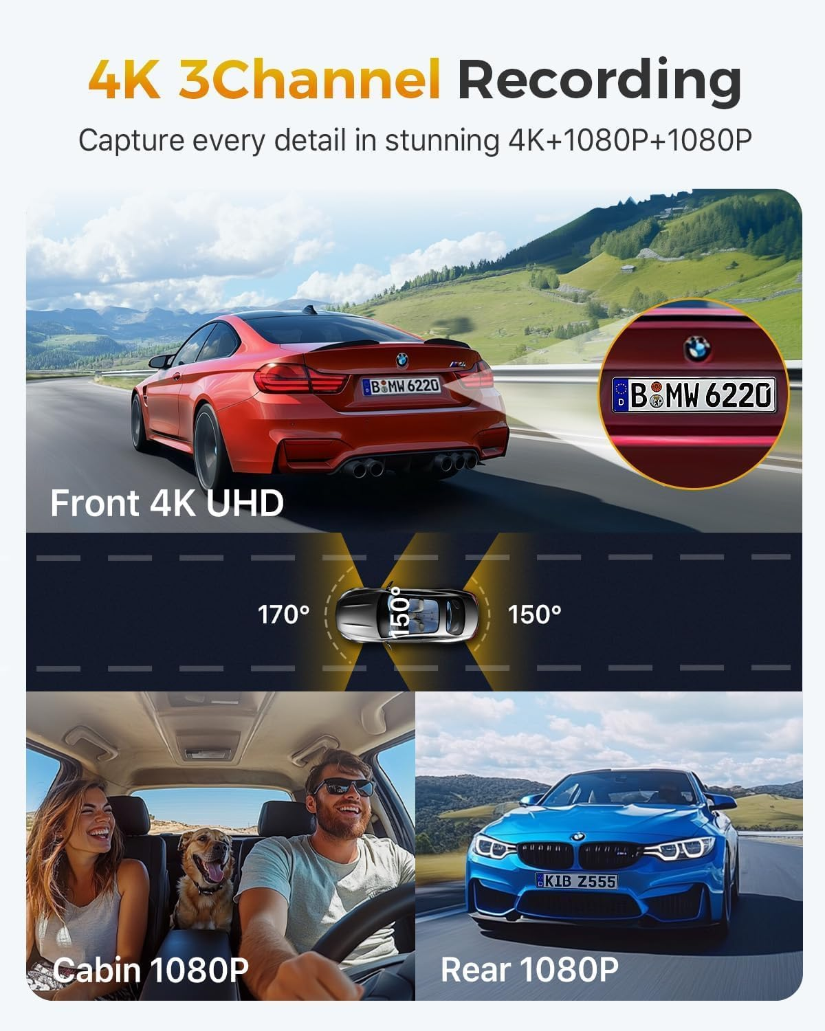 GKU 4K 3 Channel Dash Cam, 5.8Ghz Wifi Built-In GPS, 4K+1080P+1080P Dash Cam Front and Rear Inside, 64GB Card Inserted, 24H Park Mode, Triple Car Camera 3 Inch Screen image number 4