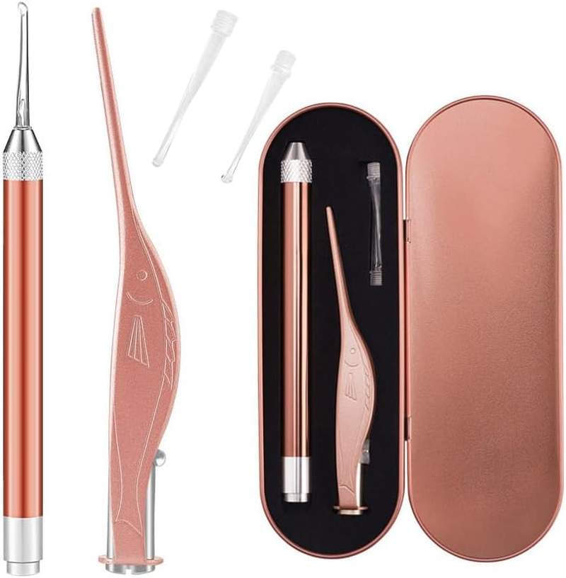 Ear Pick, 2PCS Stainless Steel Illuminated Earwax Removal Kit with Storage Box, High Safety LED Lighted Ear Wax Cleaner Tweezers for Kids (Rose Gold)