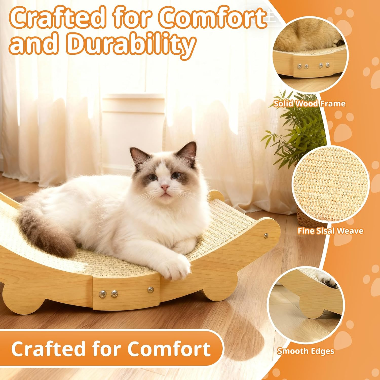 JORAGO Cat Scratcher Bed - Sisal Durable Cats Scratching Pad for Indoor Cats Lounger & Sleep & Scratch, Cozy Kitten Recliner Sofa, Sturdy Solid Wood Frame for Kitty Entertain and Rest, Kittens Gifts image number 1