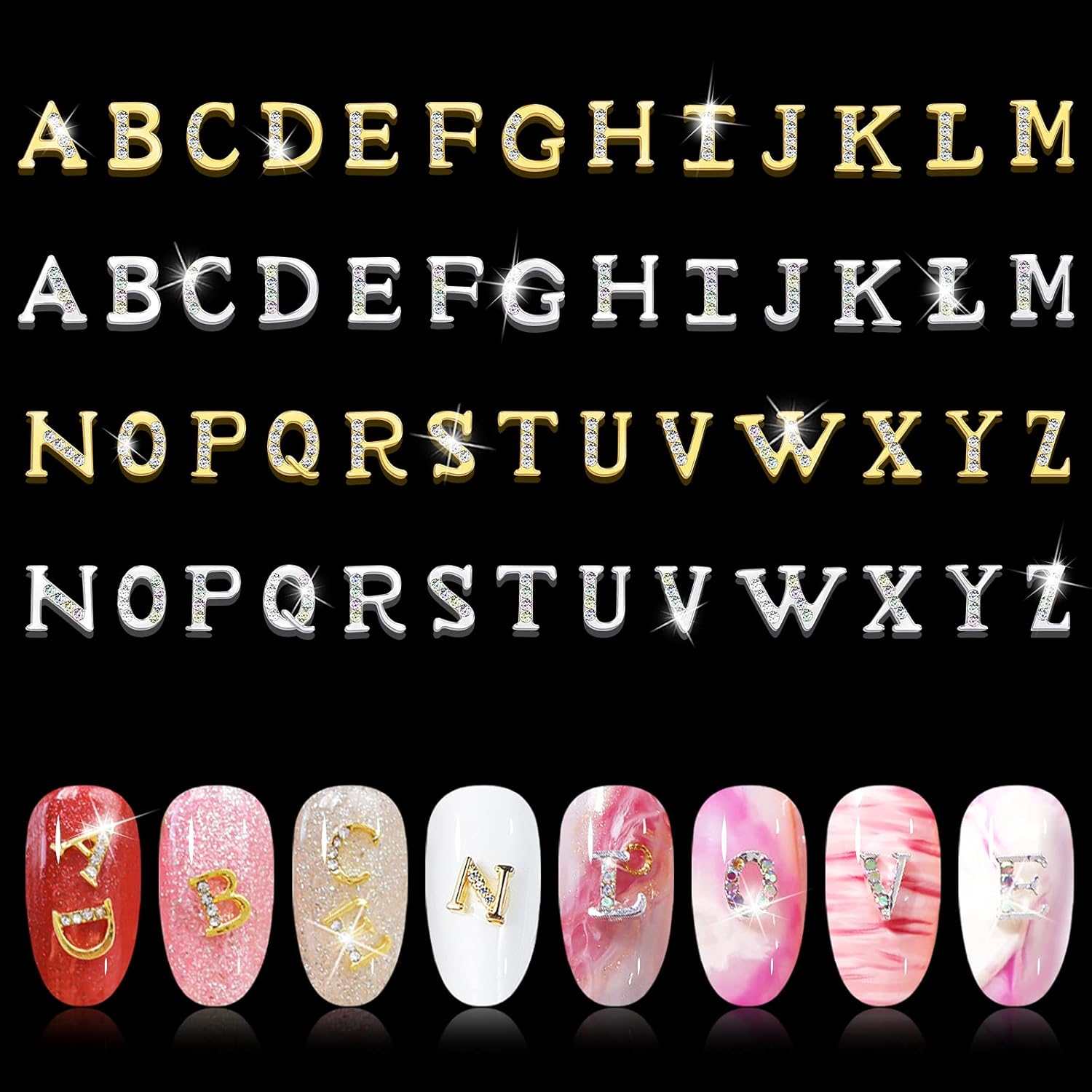 Kalolary 52Pcs Rhinetone Letters Nail Studs, Gold Silver 3D Capital Rhinetone Nail Letter English Alphabet Stud Charm DIY Manicure Nails Jewelry Making Crafts Decoration for Women Girls image number 5