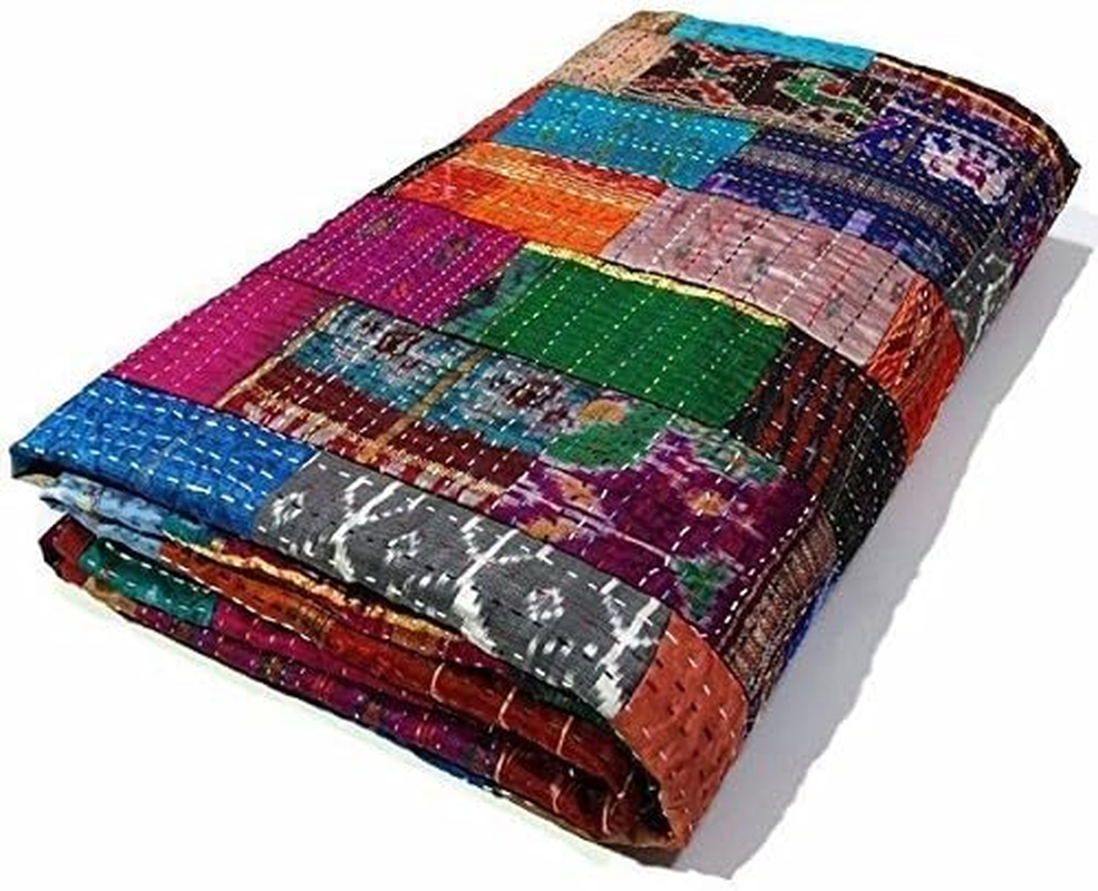 Indian Quilt -Vintage Quilt Old Patola Indian Silk Sari Kantha Quilted Patchwork Bedspread Bohemian Kantha Throws Silk Patola Quilt, Bed Cover,Size 90" X 108" (Multi) image number 5