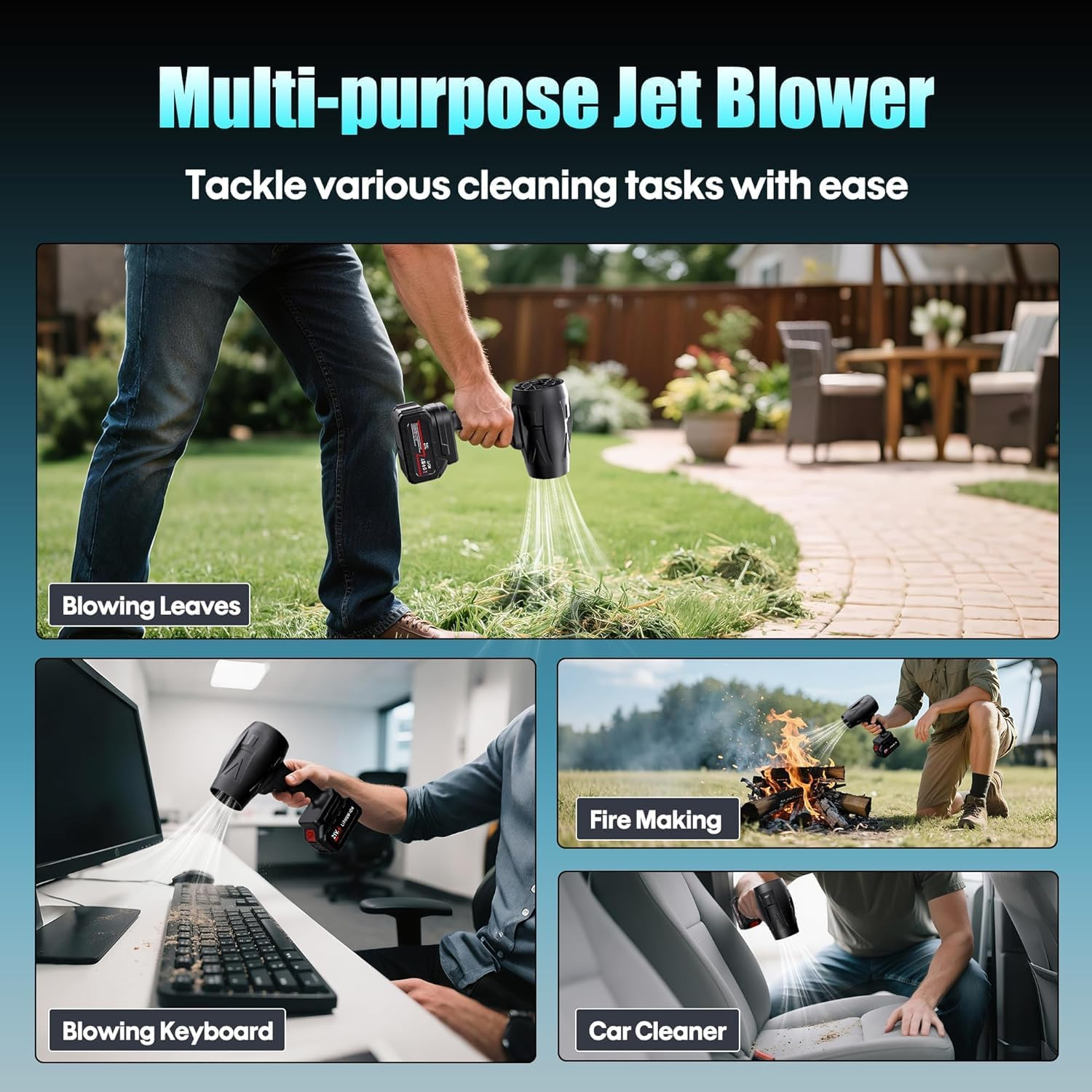Cordless Leaf Blower, Lightweight Handheld Turbo Jet Blower 130000 RPM Portable Dust Cleaner with Adjustable Speed for Patio Lawn Care Patio Cleaning Blowing, 2 * 2.0Ah Battery Powered image number 2