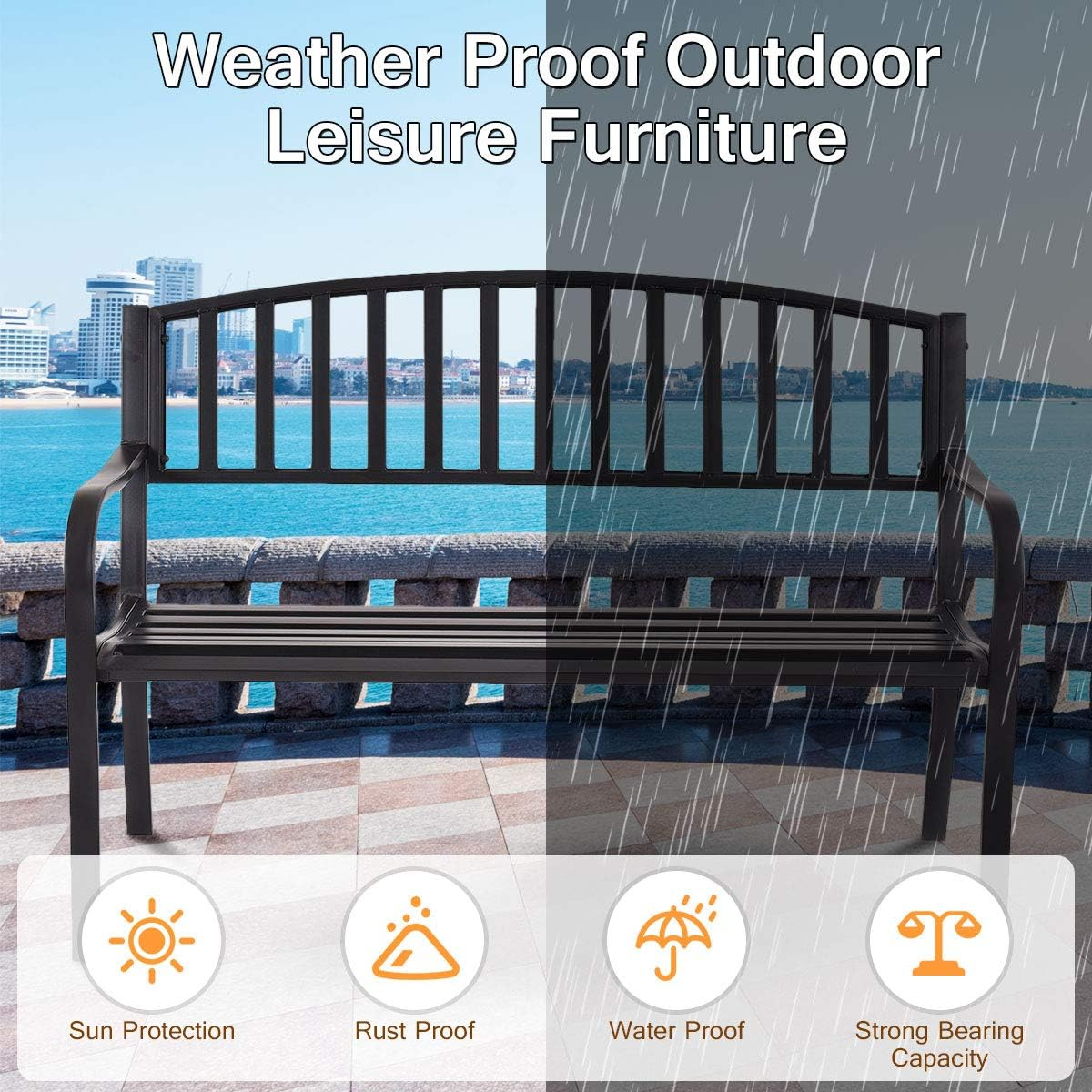 Costway 300KG Loaded Steel Garden Bench, Outdoor Patio Bench with Streak Design, Robust Steel Frame, High Backrest and Armrests, Patio Garden Bench, Outdoor Furniture, Suitable for Lawn, Deck image number 5