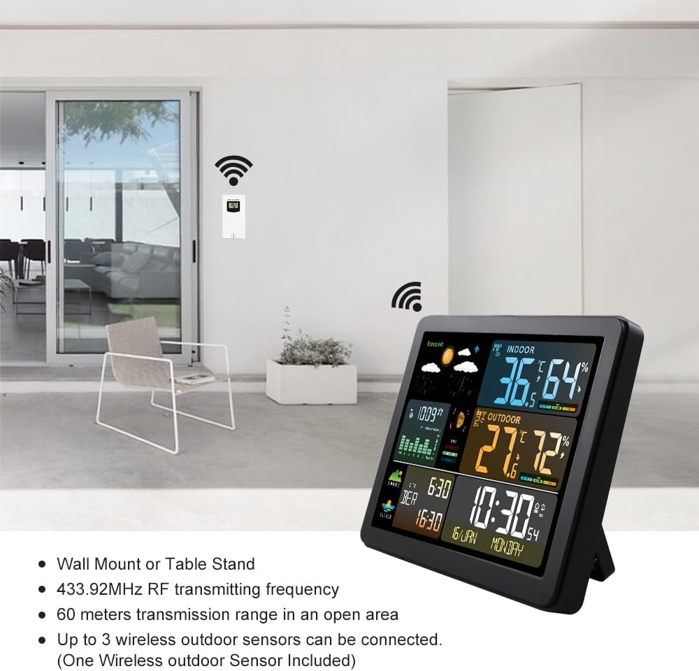 FJ3566M Smart Weather Station with Clock Indoor and Outdoor Temperature & Humidity Meter Multifunctional Large Color Screen Weather Clock Temperature & Humidity Gauge with 1 Sensor(Support up T image number 2