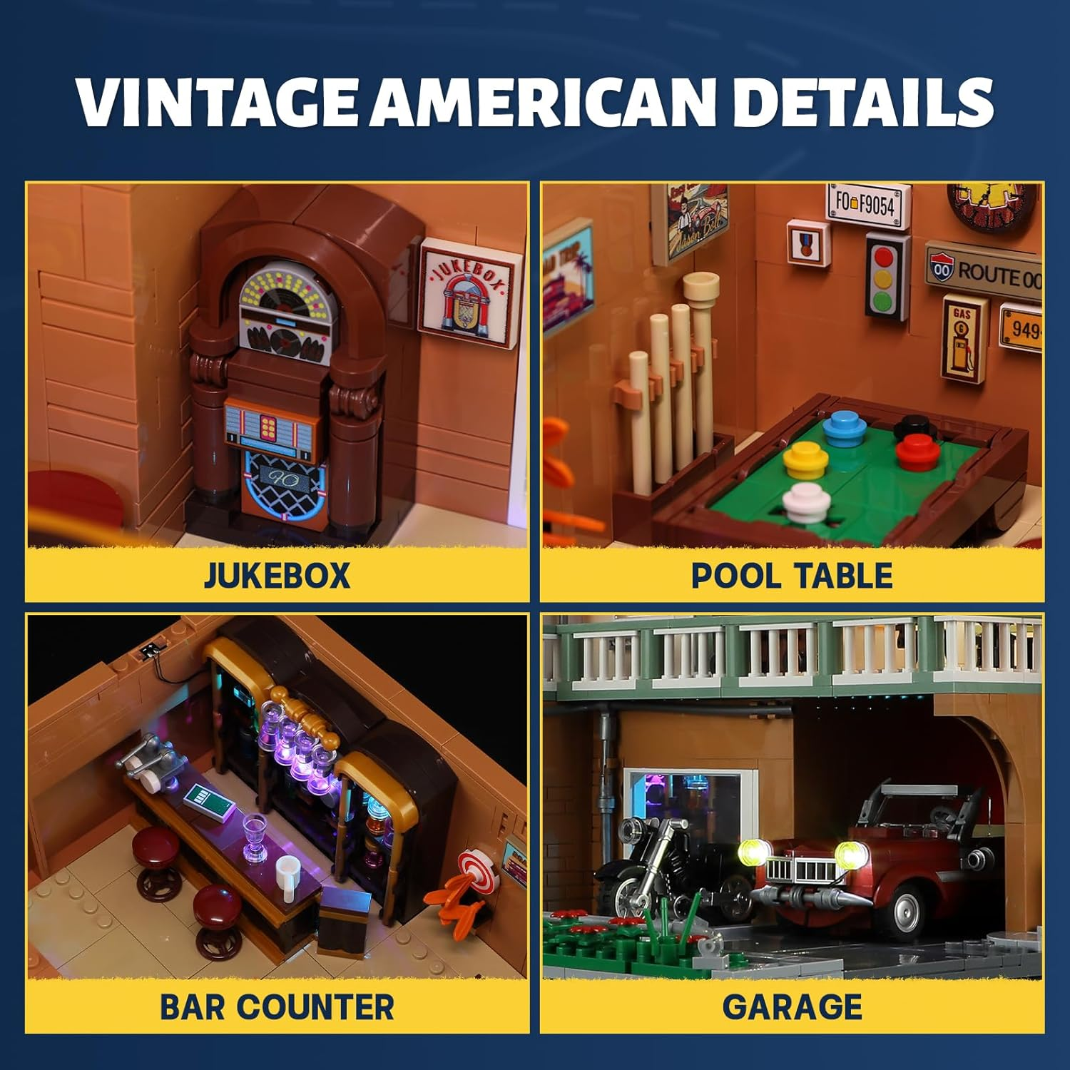 FUNWHOLE City Car-Motel Lighting Building Block Set - Retro Road Trip Car and Motorcycle Model, 1970 Pieces for Adults and Teens image number 5