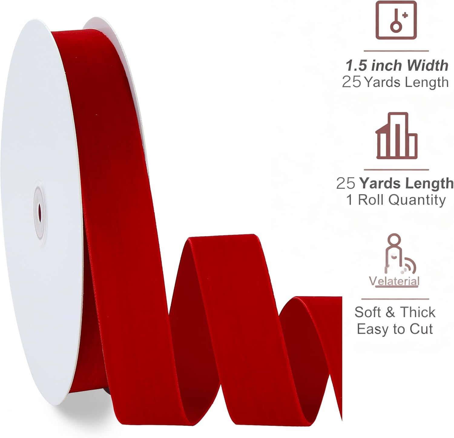 1-1/2 Inch Wide X 25 Yards Red Velvet Ribbon, Velvet Ribbons for Gift Wrapping, Christmas Wrapping Bows, Wedding Decor, Sewing and More image number 2