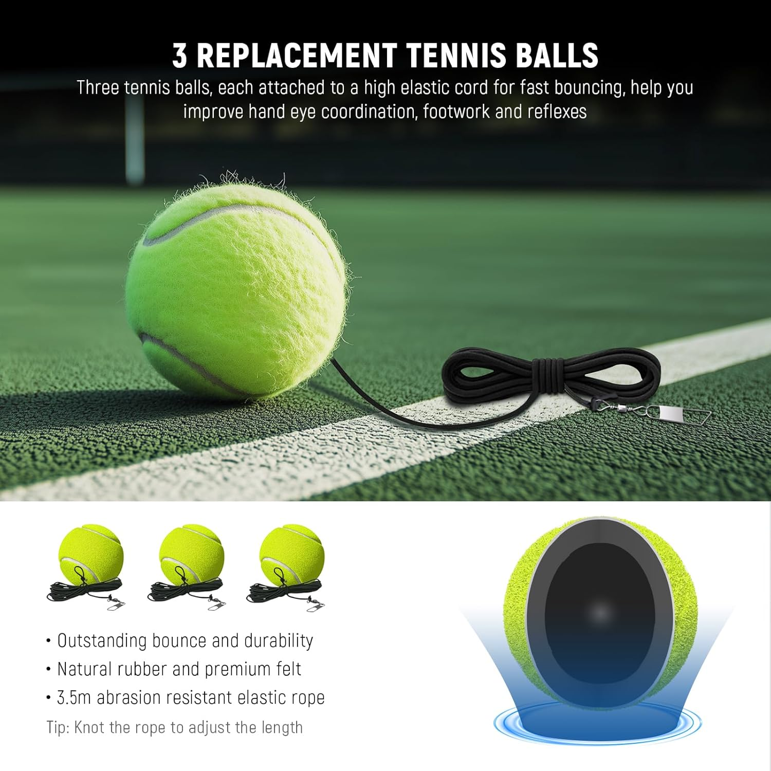 NEEWER Portable Solo Tennis Trainer Rebound Ball Set with Nonslip Weighted Iron Base, Racket Holder, 3X Elastic String Tennis Ball, Self Practice Rebounder for Adults, Kids & Beginners, TB01T image number 6