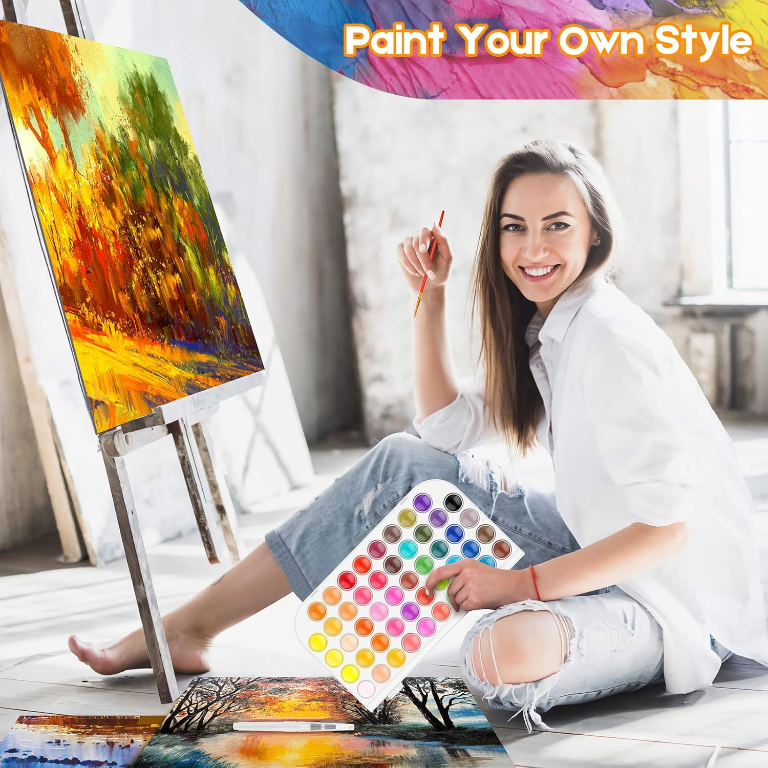 Watercolor Paint Set, Taotree 48-Color Watercolors Cake & a Brush a Refillable Water Brush Pen, Portable Water Colors Paints Set for Kids Children Students Adults Beginner Artists Painting Supplies image number 6