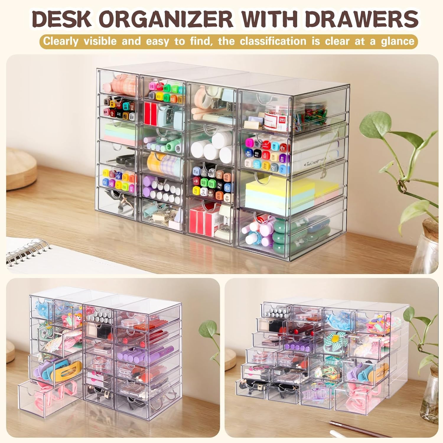 YH-MONICAQUE Desktop Drawer Organizer | 20 Drawers 4 Sets | Acrylic Makeup Organizer and Storage, Clear-Small Desk Storage Drawers, for Office Supply Storage/Hair Accessories/Craft Organization image number 4
