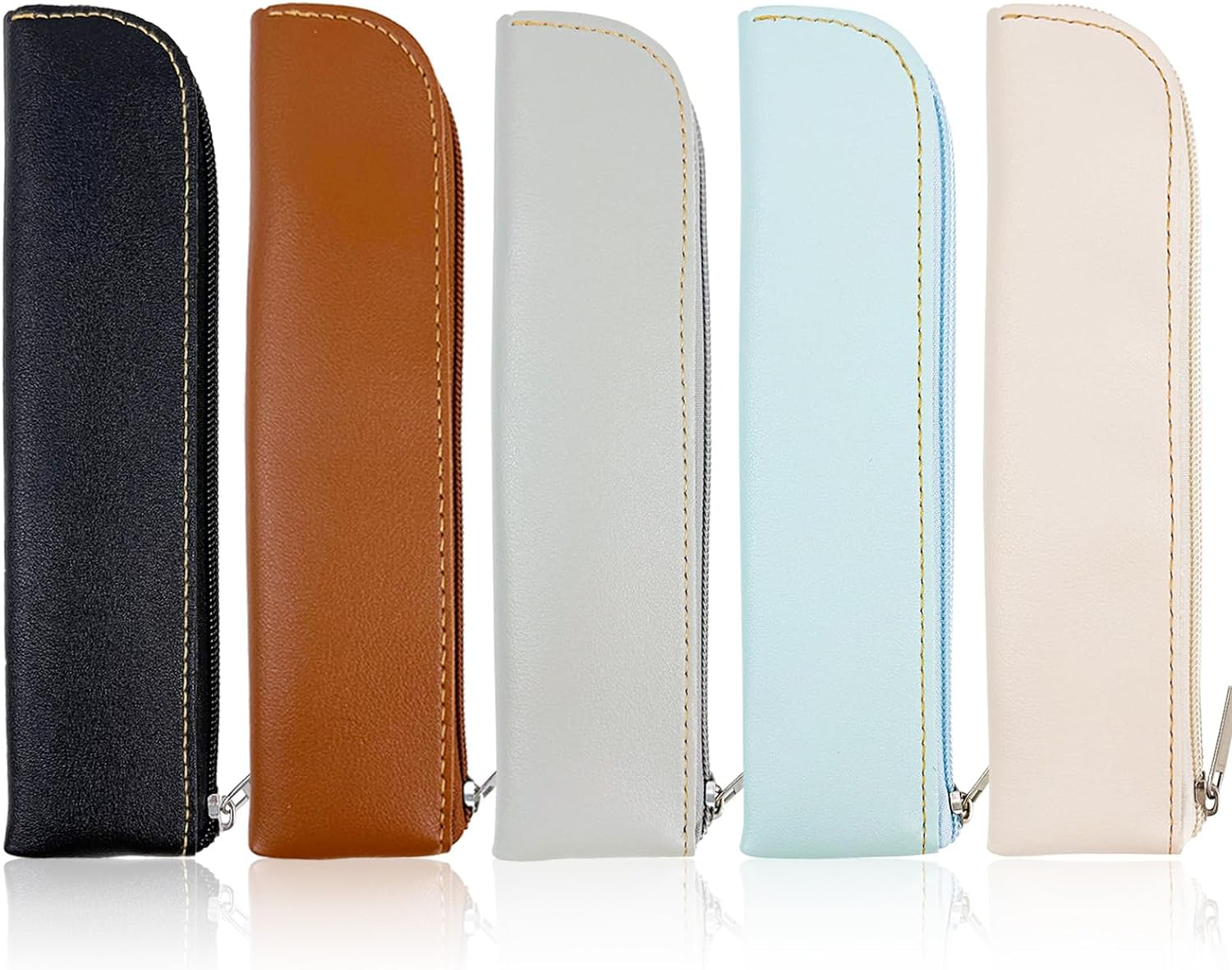 Binzus 5 Pcs Leather Pen Case Slim Design Cute Stationery Storage Bag with Zipper for Pens, Pencils, Markers (Colorful) image number 1