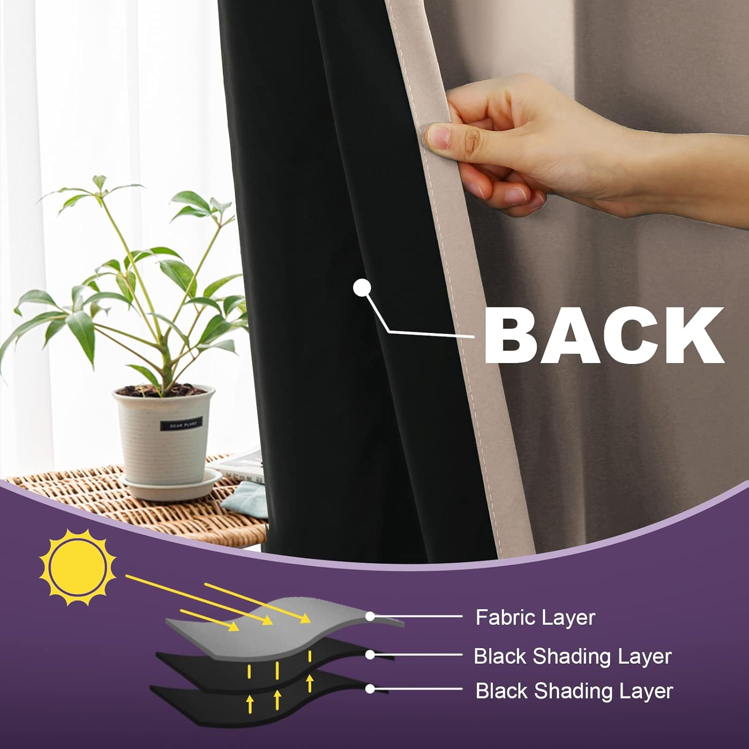 H.VERSAILTEX 100% Blackout Curtains Completely Blackout Window Drapes Thermal Insulate Double Layer with Black Liner for Bedroom 2 Panels Set, Each W132Cm X D160Cm, Natural image number 3