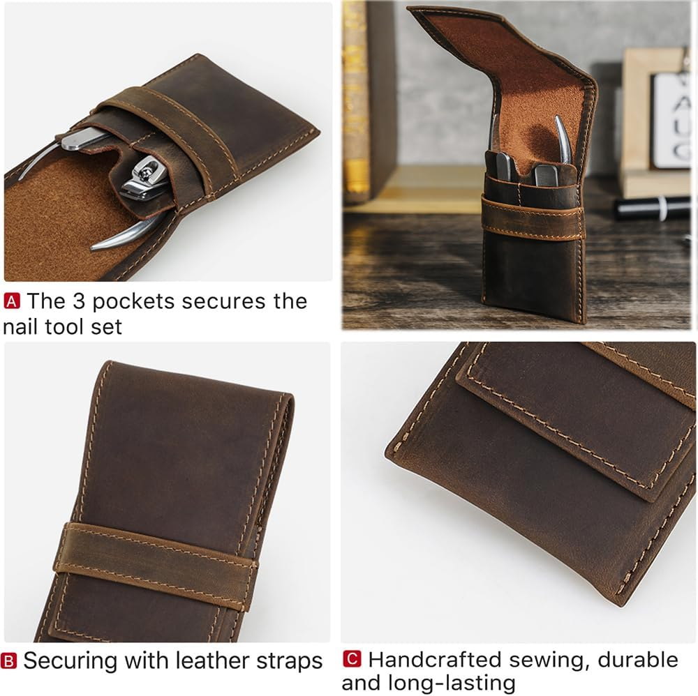 CONTACTS Full Grain Leather Empty Manicure Kit Case for Men Travel Nail Clipper Pouch Small Personal Care Tools Pouch by Handmade (Case Only) image number 6