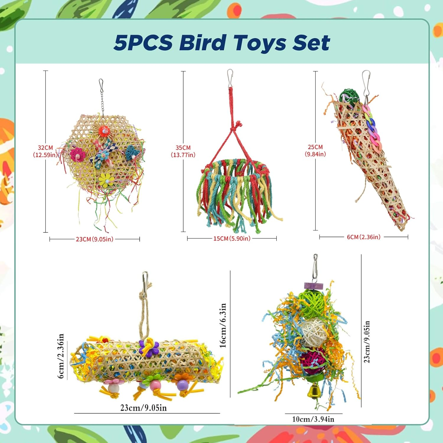 SUSOO 5 PCS Bird Chew Shredding Toys, Natural Foraging Toy with Rope Perch Swing, Interactive Hanging Funny Cage Accessories for Parrot, Parakeets, Budgies,Conures, Cockatiel,Lovebirds and Finches image number 2