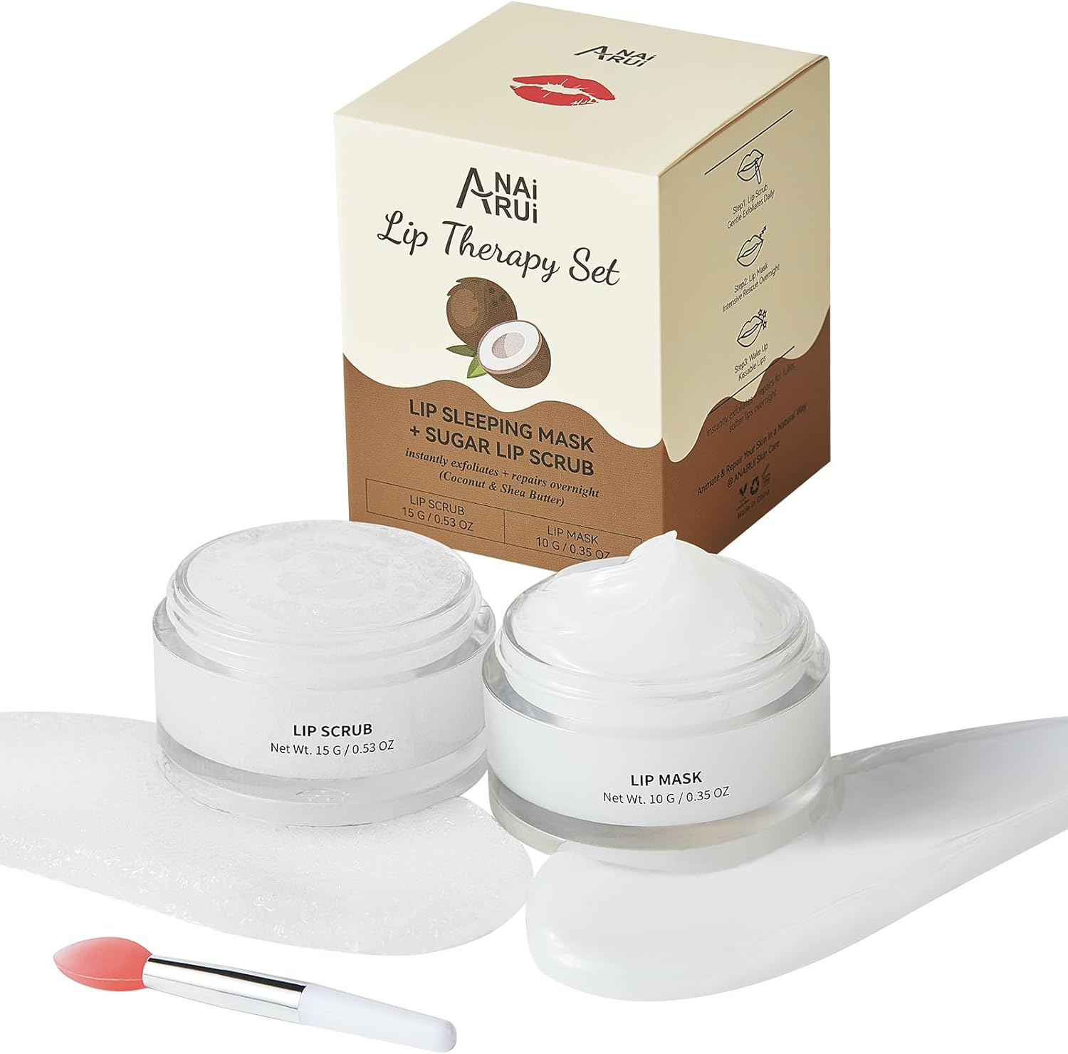 ANAI RUI Lip Scrub & Lip Mask Set with Shea Butter, Lip Scrubber Exfoliator Enriched with Vitamin E, Sugar Scrub for Dry Lips, Hydrating Lip Mask for Overnight Use, Gift Set for Women and Girls (Coconut) image number 2