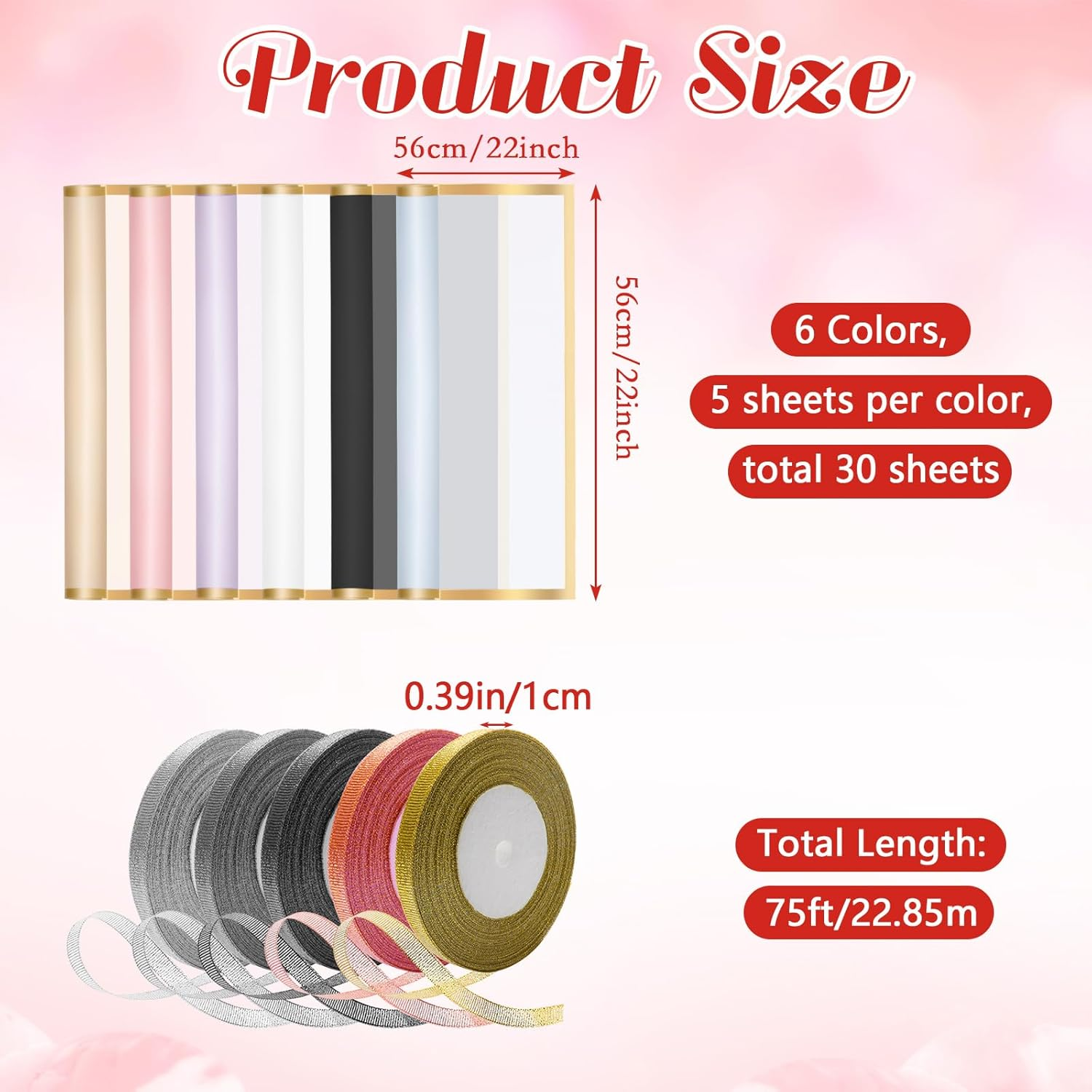 30 Sheets Flower Bouquet Wrapping Paper, COITEK Waterproof Gold Edge Flower Gift Wrapping Supplies Paper 6 Colors with 5 Rolls Ribbons for DIY Crafts, Gift Packaging image number 5