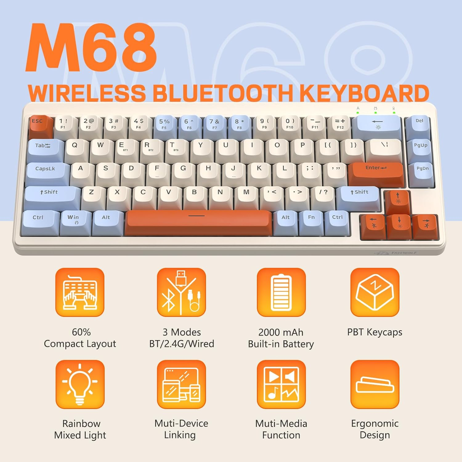 M68 65% Wireless Gaming Keyboard,Bluetooth/2.4Ghz/ Wired Tri-Mode Silent Membrane Keyboard,Pbt Keycaps,2000Mah Rechargeable,67 Keys Rainbow LED Backlit PC Gaming Keyboard for Win/Mac-Blueberry image number 3