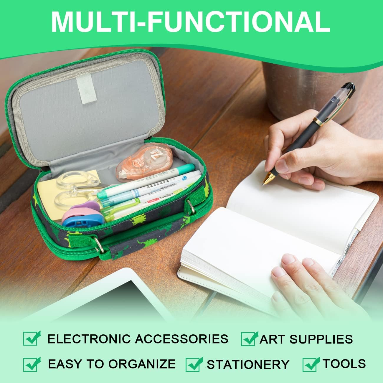 Pencil Case for Boys, Aesthetic Kawaii Large Pencil Pouch Stationary Pencil Bag/Box for Preppy Kids, Pen Organizer Holder School Supply Green Dinos image number 2