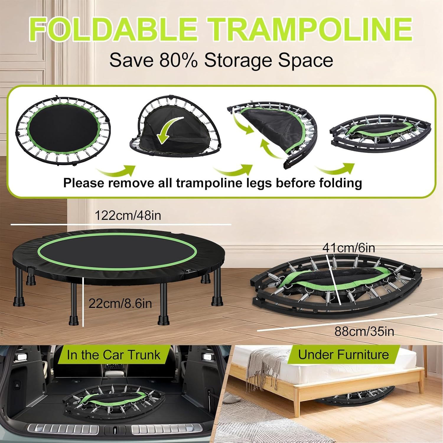48" Rebounder Mini Trampoline Max Load 350Kg, Foldable Fitness Trampoline with Adjustable Foam Handle, T Shape Trampoline Suitable for Adults and Kids image number 1