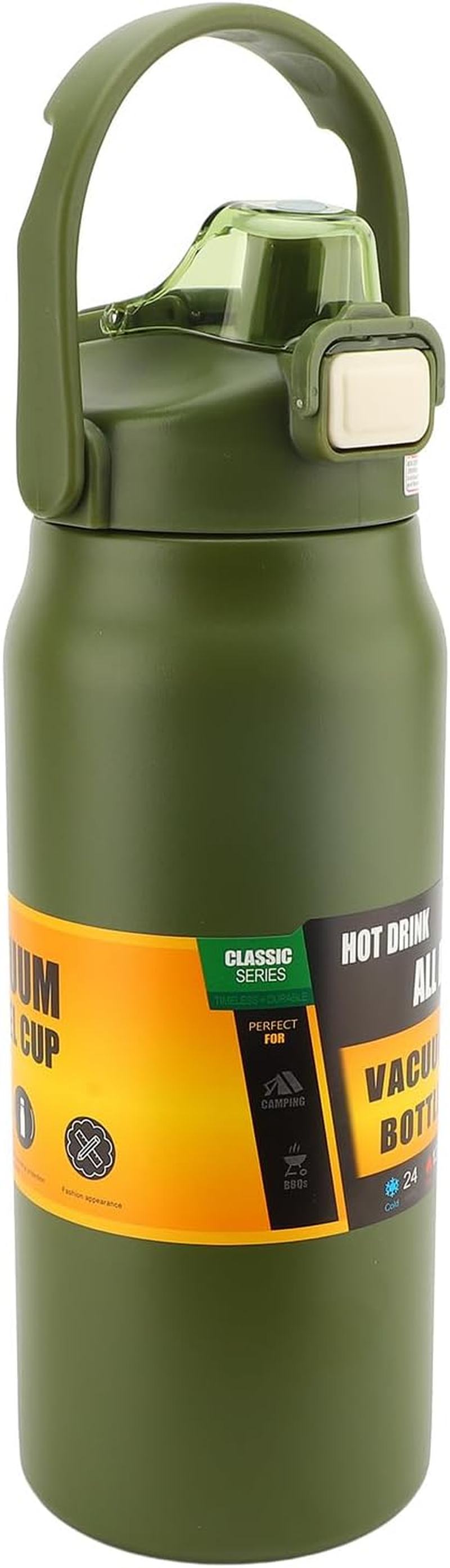 Bewinner 304 Stainless Steel Insulated Water Bottle 1.5L, Straw Lid Handle Reusable Wide Mouth Vacuum Bottle for Gym Fitness (White)