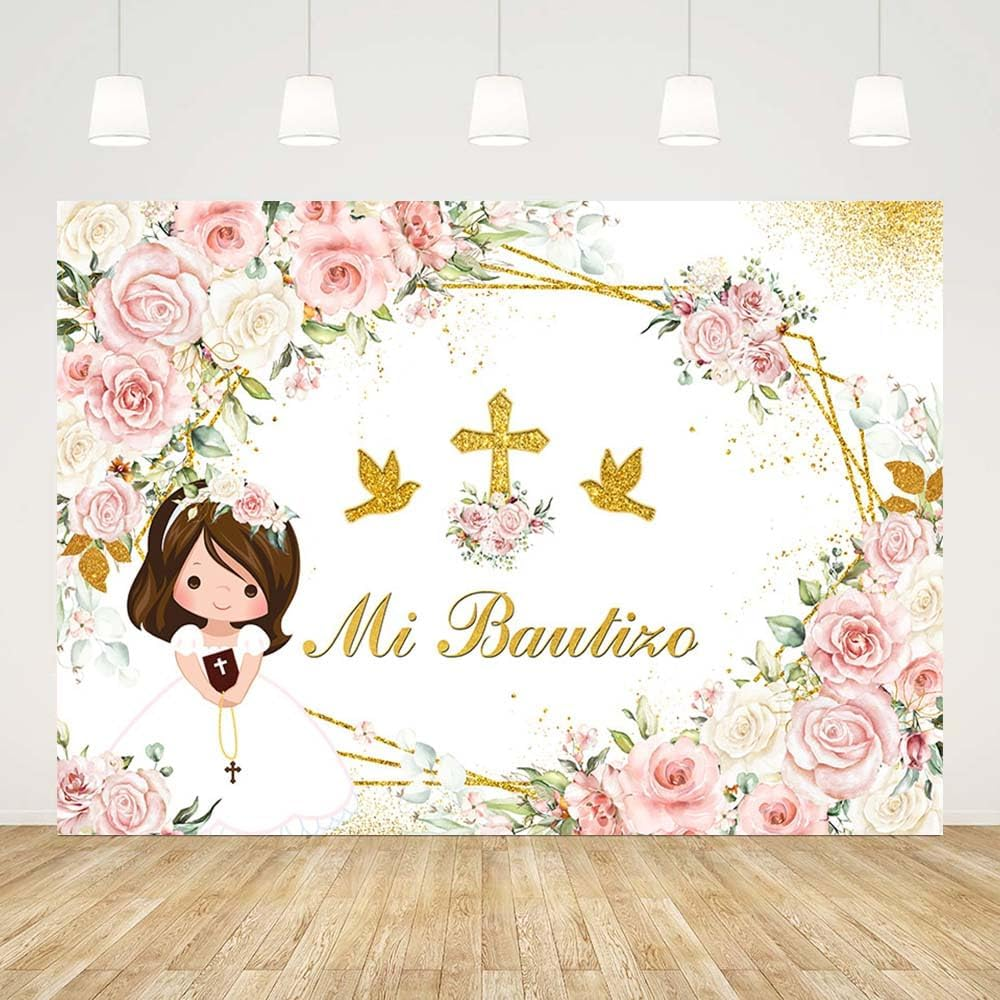 AIBIIN Mi Bautizo Backdrop Boho Baptism God Blessing Communion Party Decoration Girl Pink White Flowers Gold Dove Holy Cross Newborn Baby Shower Photo Booth Props 7X5Ft image number 2