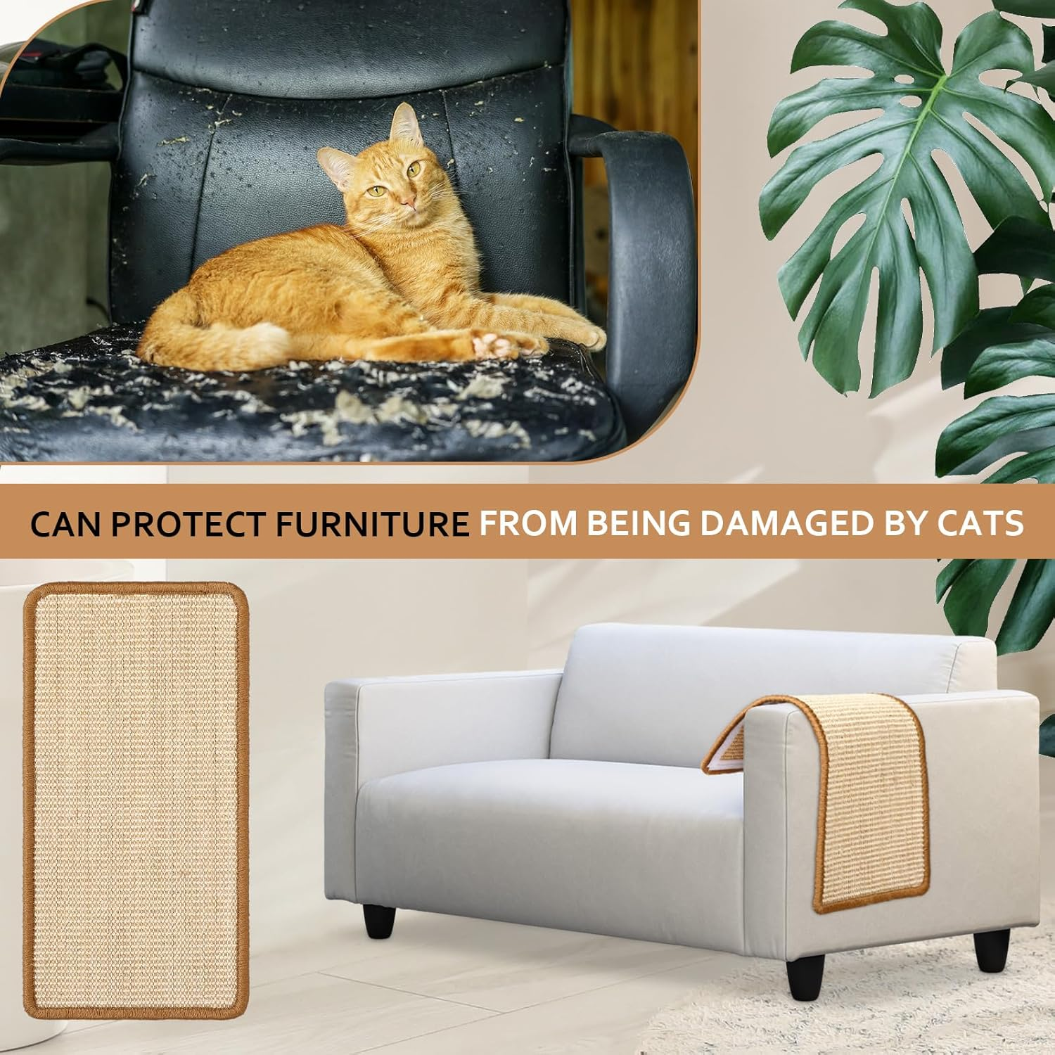 Mixweer 6 Pcs Wall Mounted Cat Scratching Post with Hook and Loop Strips, 9.8 X 19.7 Inch Sisal Cat Scratching Pad Scratch Mat Cat Scratch Pad Rug for Couch Wall Window Perch Wall Furniture image number 4