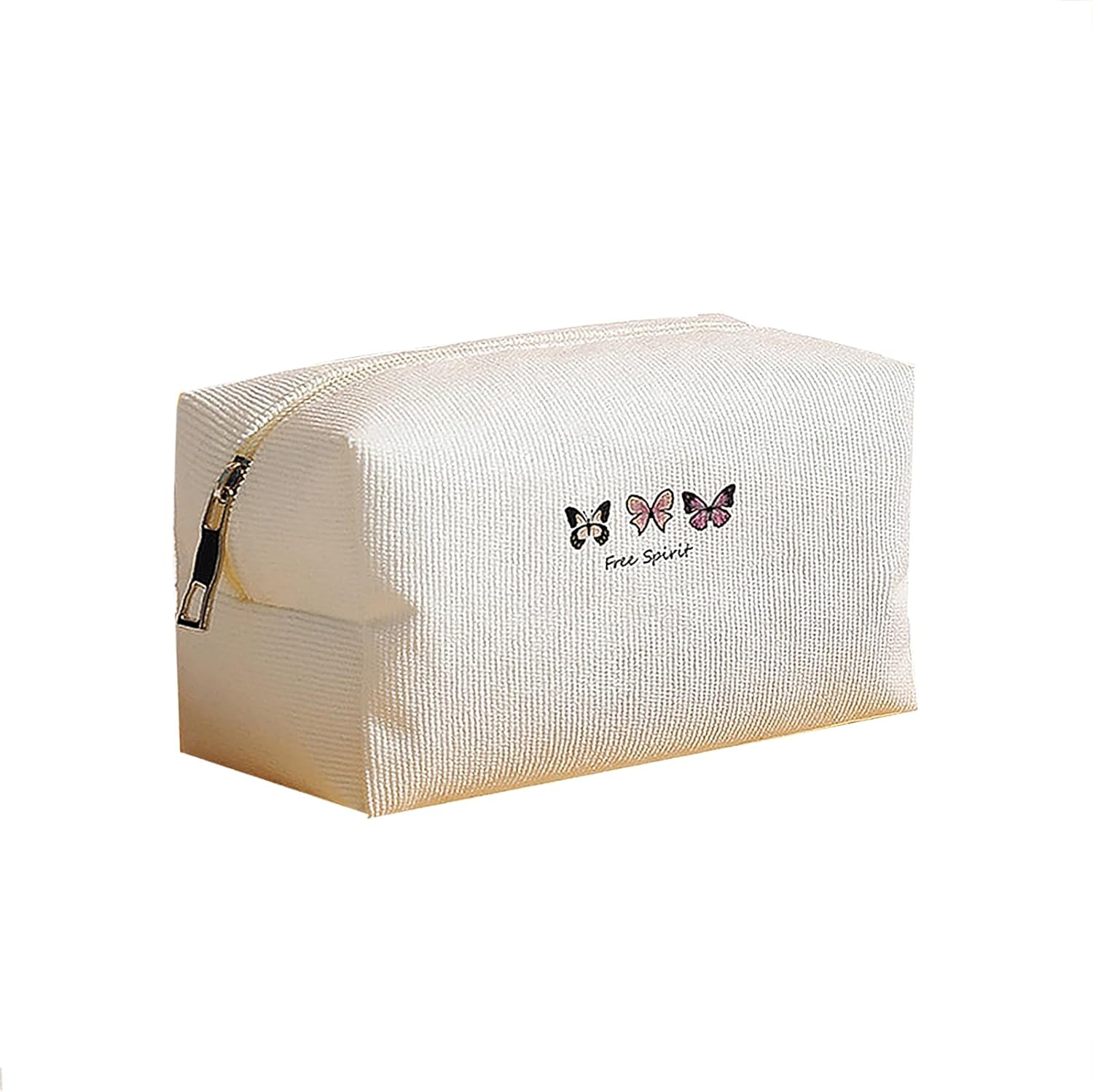 Small Makeup Bag for Purse Corduroy Makeup Bag Travel Makeup Pouch Mini Cosmetic Bag for Women (Pink Butterfly,Small)