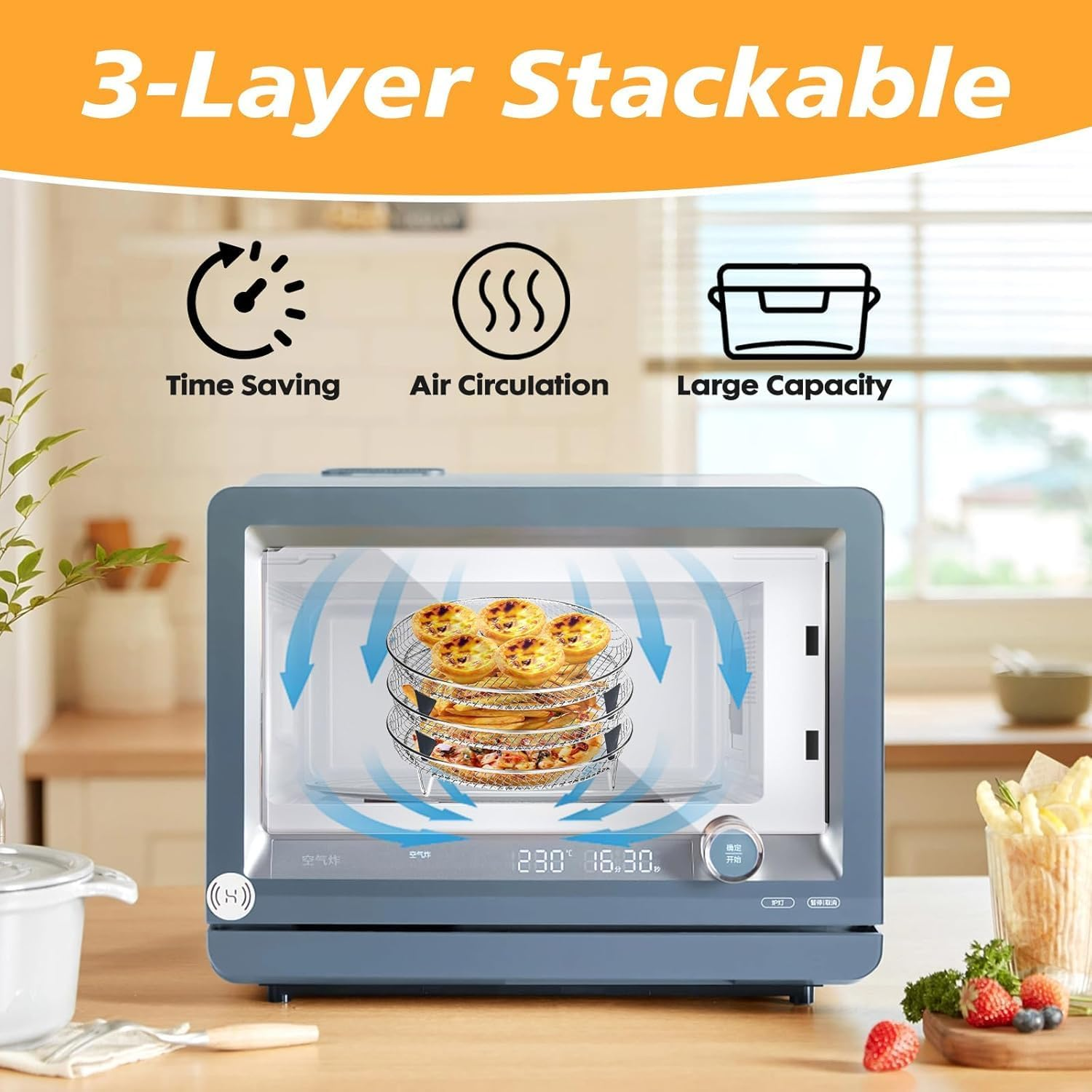 Air Fryer Accessories, 3-Layer Stackable Air Fryer Tray, 7.8X7.8 Inch round Rack, Stainless Steel, Space-Saving, Dishwasher Safe, for Ninja, Cosori, Gowise, Oven with Clip & Silicone Feet image number 1