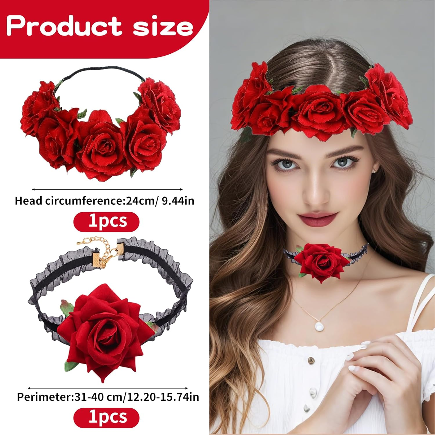 Halloween Floral Crown Stretch Headband - Boho Floral Hairband for Women and Girls - Rose Festival Headband Garland Headwear - Bridal Headbands Headdress - Day of the Dead Headwear image number 3