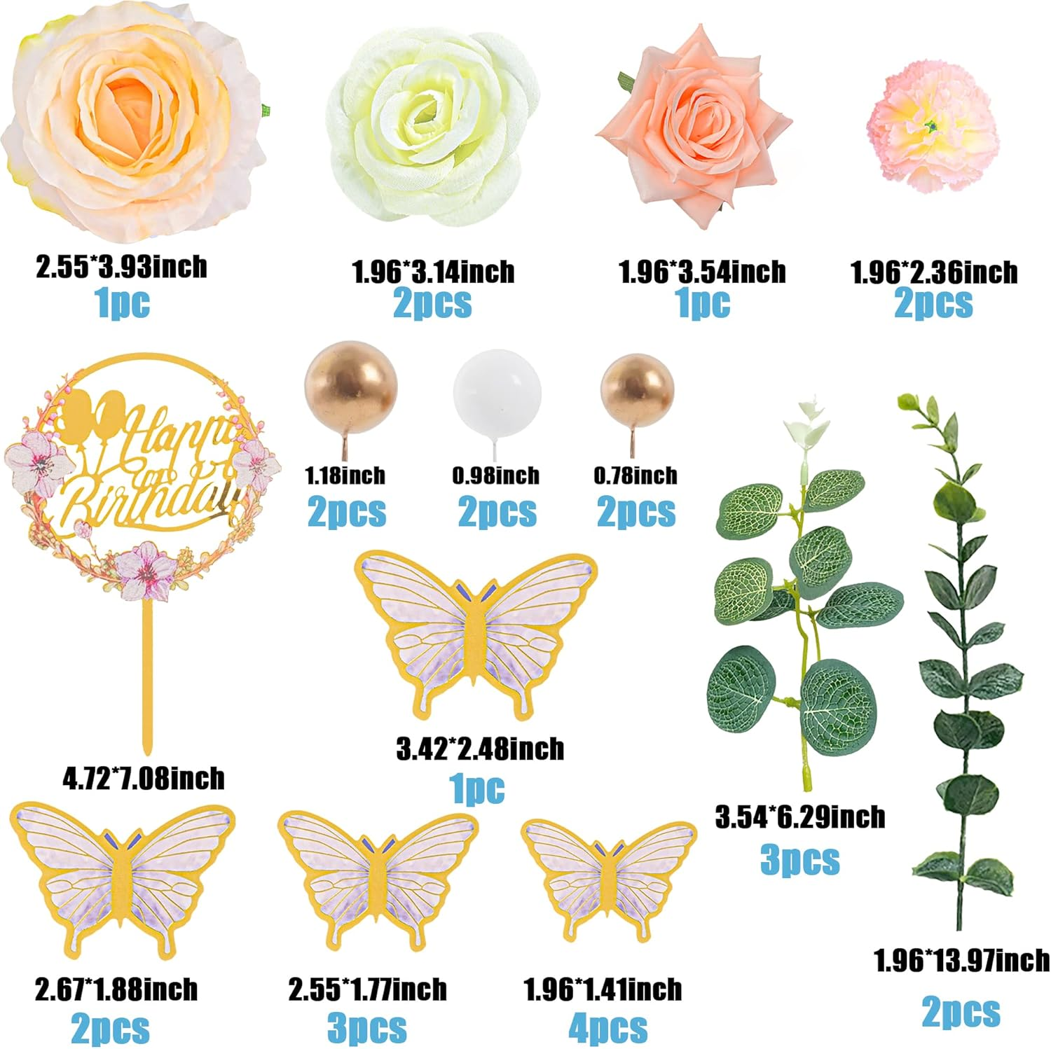 28Pcs 3D Butterfly Flower Cake Toppers Rose Flowers Acrylic Happy Birthday Cake Topper Carnation Flowers Colorful Balls Eucalyptus Leaves Cake Decorations for Birthday Party Wedding Baby Shower Supplies image number 6