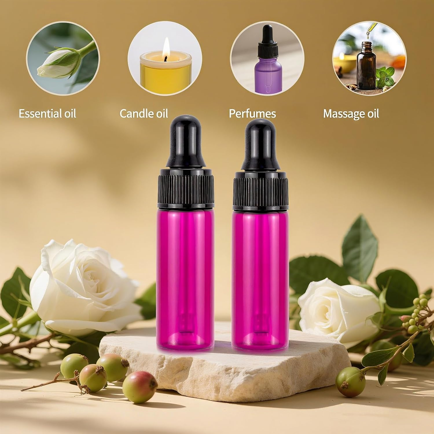 Pxyelec 30Pcs 5Ml 1/6Oz Black Plastic Head Essential Oil Bottle Pink Glass Dropper Bottles with Tapered Glass Droppers Black Plastic Ring Use for Fragrance, Lotion,Essential Oil, Treatment, Pink, Standard image number 2