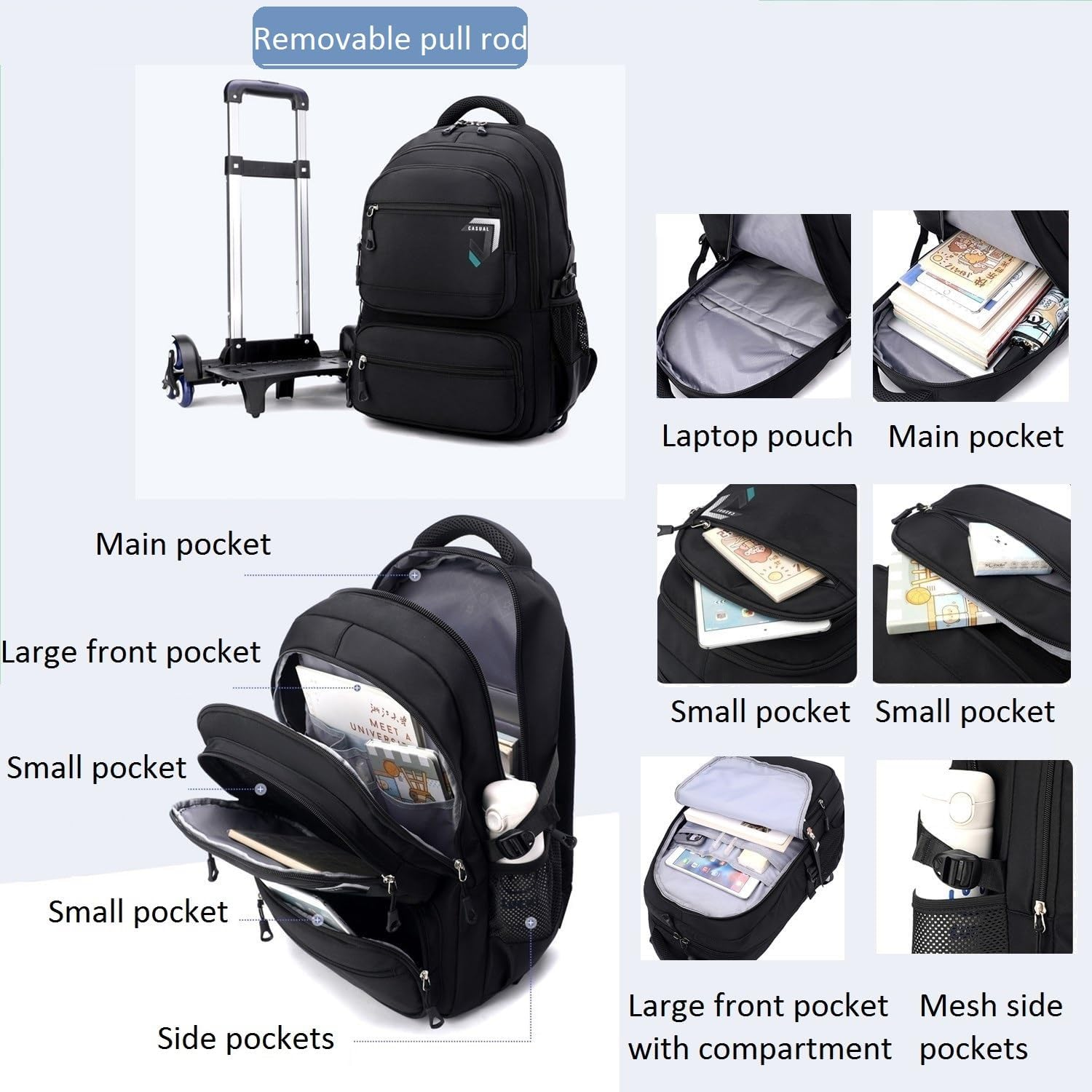 ETAISHOW Rolling Backpack for Boys Trolley Bookbag with Wheels for Adults Wheeled Luggage Laptop Backpack for Men - D 6 Wheels-Blue image number 2