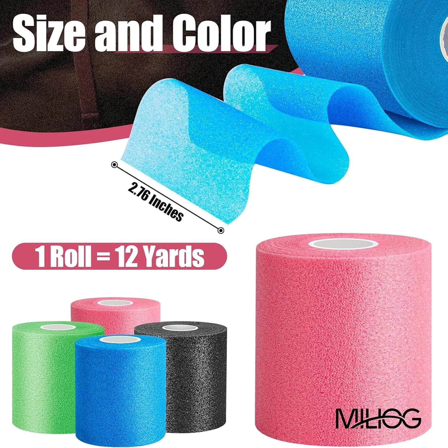 4 Pack Multi Color Pre Wrap for Hair & Sports, Athletic Tape Headbands, 2.76" X 12 Yds | MILIOG Prewrap Underwrap Tape image number 6