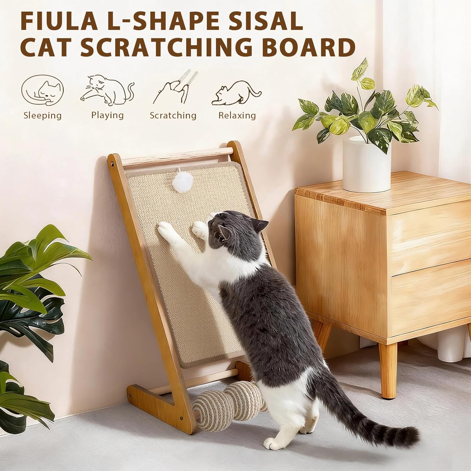 Fiula L-Shape Sisal Cat Scratching Board, Cat Scratching Post, Scratching Furniture Cat, Sisal, Vertical Scratching Board for Cats with Ball Toy, Suitable for Cats of All Ages