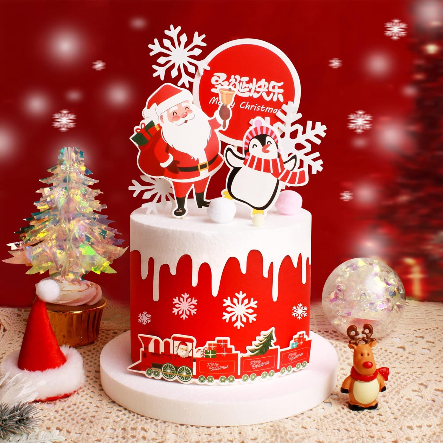 5Pcs Merry Christmas Cake Toppers Decorations Set DIY Penguin Santa Claus Christmas Cake Banner Cupcake Toppers for Winter Xmas Holiday Frozen Party Supplies image number 4