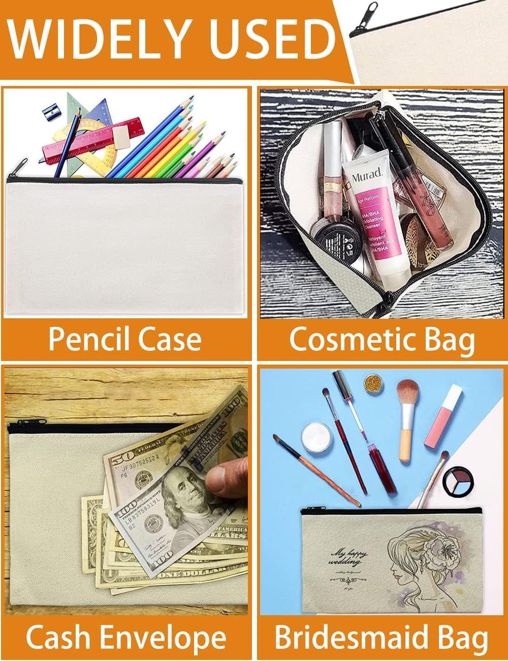 40 PCS Canvas Zipper Pouch, 10*20CM Blank DIY Craft Pen Bag, Graffiti Stationery, Makeup, Storage Pencil Case, Multi-Purpose Cosmetic for Travel Work image number 2