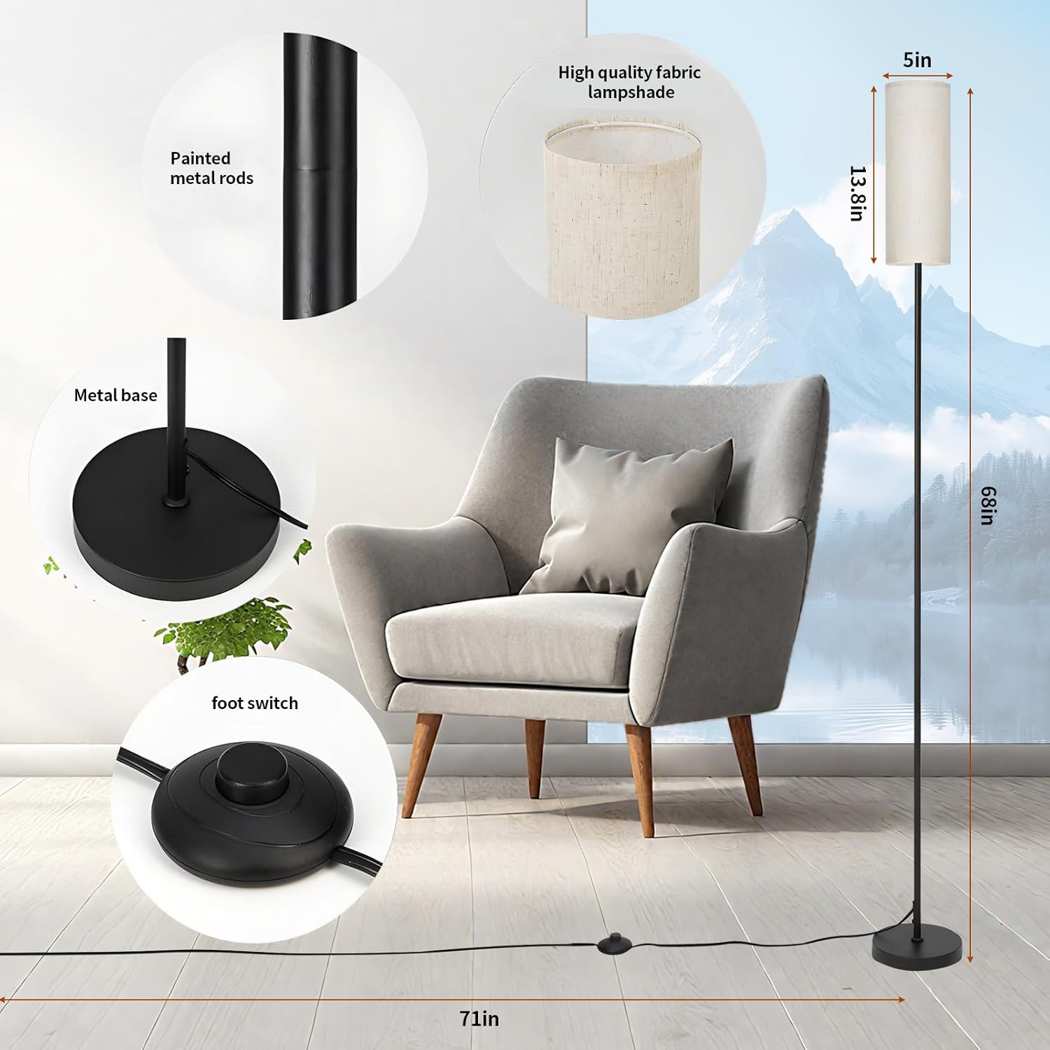 TNGAMFGT Floor Lamps for Living Room, 9W RGB LED Bulb, Standing Floor Lamp for Living Room Bedroom Office Corner, Dimmable 3 Color Temperature Floor Lamp with Remote Control, Foot Switch, Beige Shade image number 4